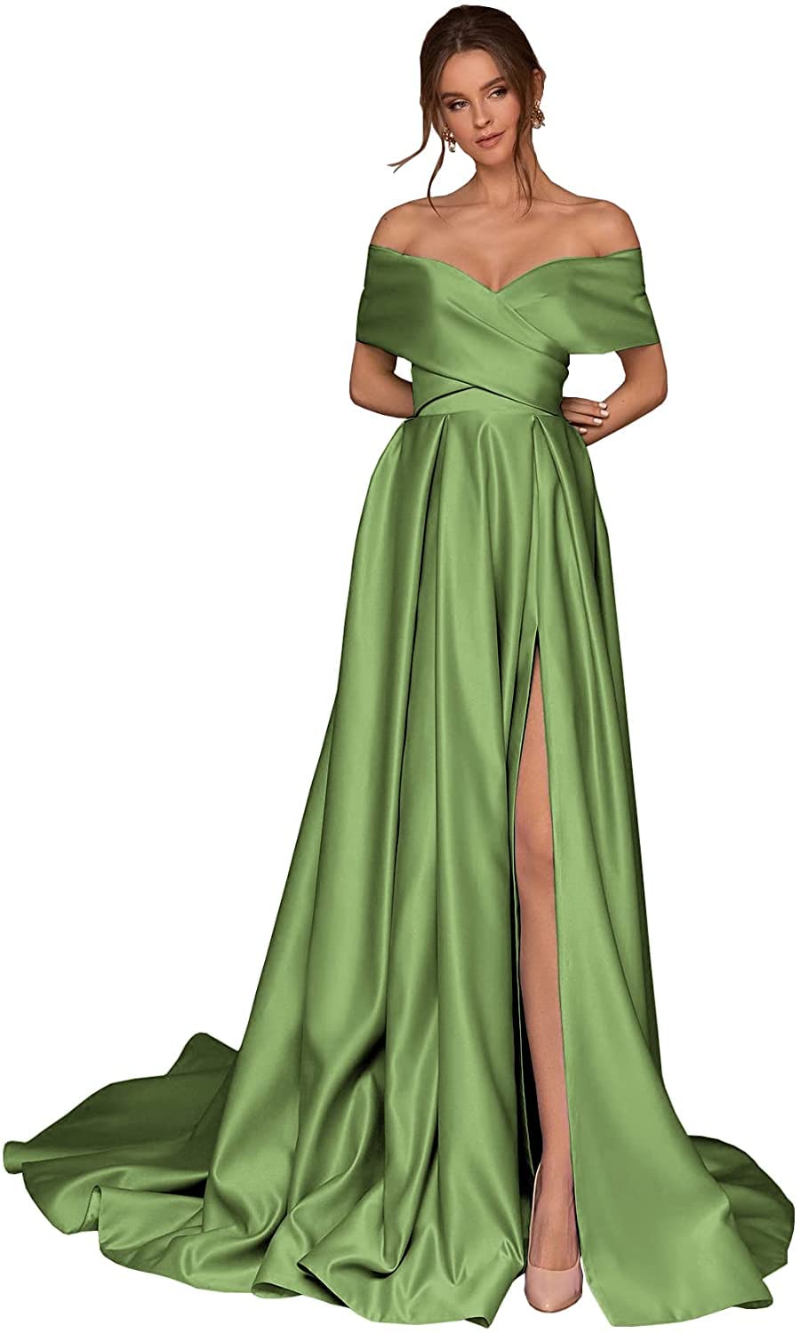 Elegant Women's Off The Shoulder Prom Dress - Satin Long Formal Evening Gown with Side Slit & Pockets for Homecoming, Wedding, Ball & Special Occasions