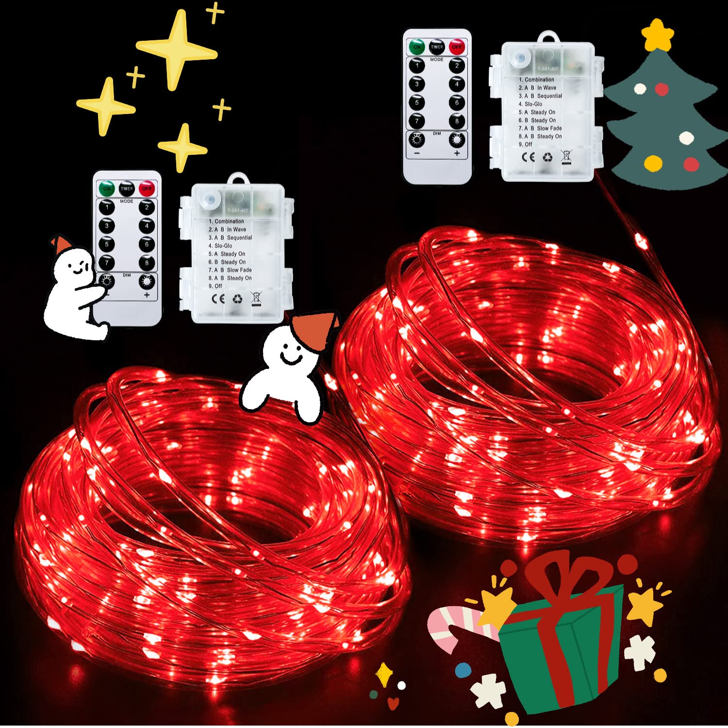 JMEXSUSS 2 Pack 66ft 200LED Red Rope Lights - Battery Operated Waterproof Outdoor String Lights with Remote Control for Trampoline, Camping Tent, Garden, Patio, Party & Holiday Decorations
