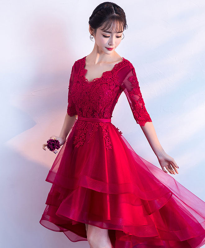 Burgundy V-Neck Tulle Lace Short Prom Dress - Elegant Bridesmaid Dress for Weddings, Parties & Special Occasions