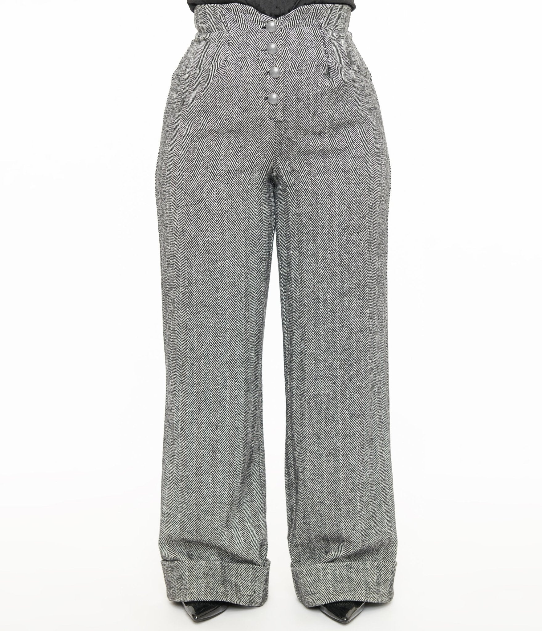Vintage 1940s Grey Herringbone Wide Leg Trousers with Button Closure - Retro High Waist Pants for Women, Perfect for Themed Parties & Vintage Fashion Outfits