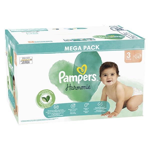 Pampers Harmonie Mega Pack Size 3 - 90 Diapers | Ultra Absorbent Baby Diapers for Day & Night Use | Soft & Comfortable for Active Babies | Perfect for Home, Travel & Daycare