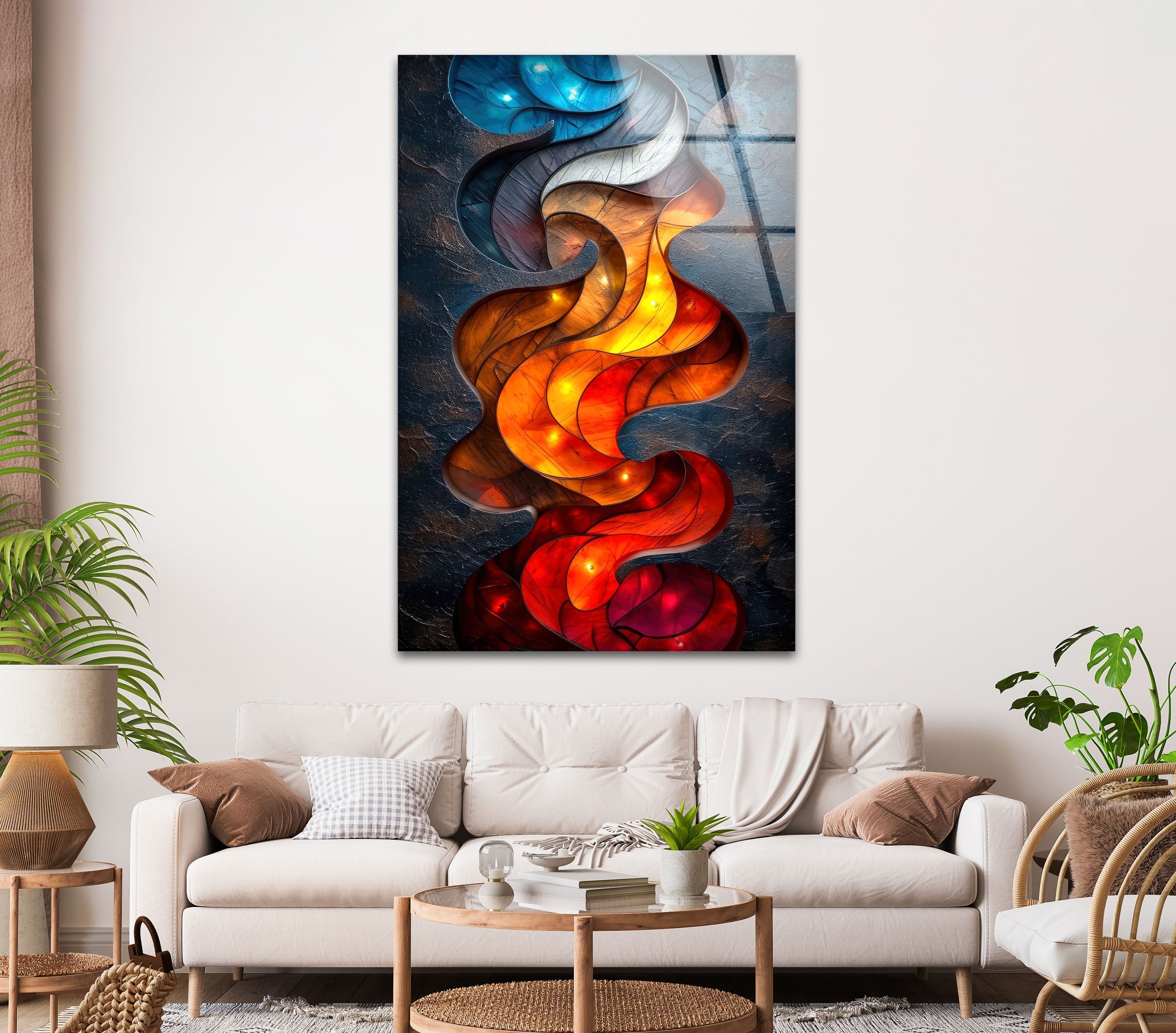 Blue & Red Design Glass Wall Art - Modern Handmade Decorative Panel for Living Room, Bedroom, or Office - Perfect for Home & Interior Decor