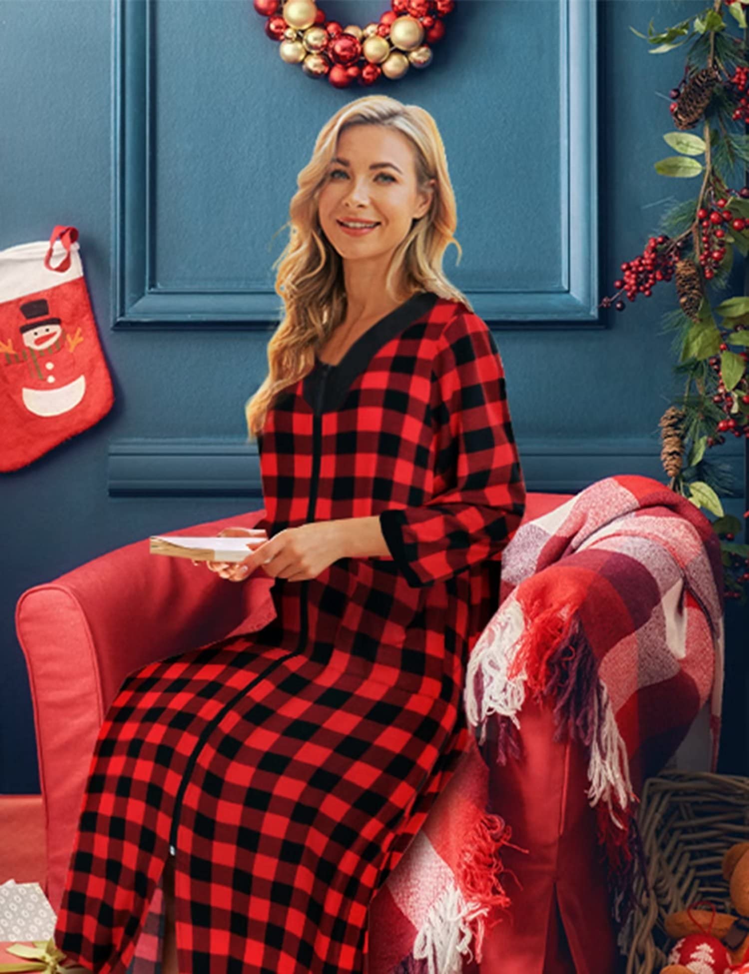 Bloggerlove Women's Zip Up Cotton Robe - Long House Coat with Half Sleeves, Comfortable Sleepwear & Nightgown for Lounge, Relaxation & Home Wear