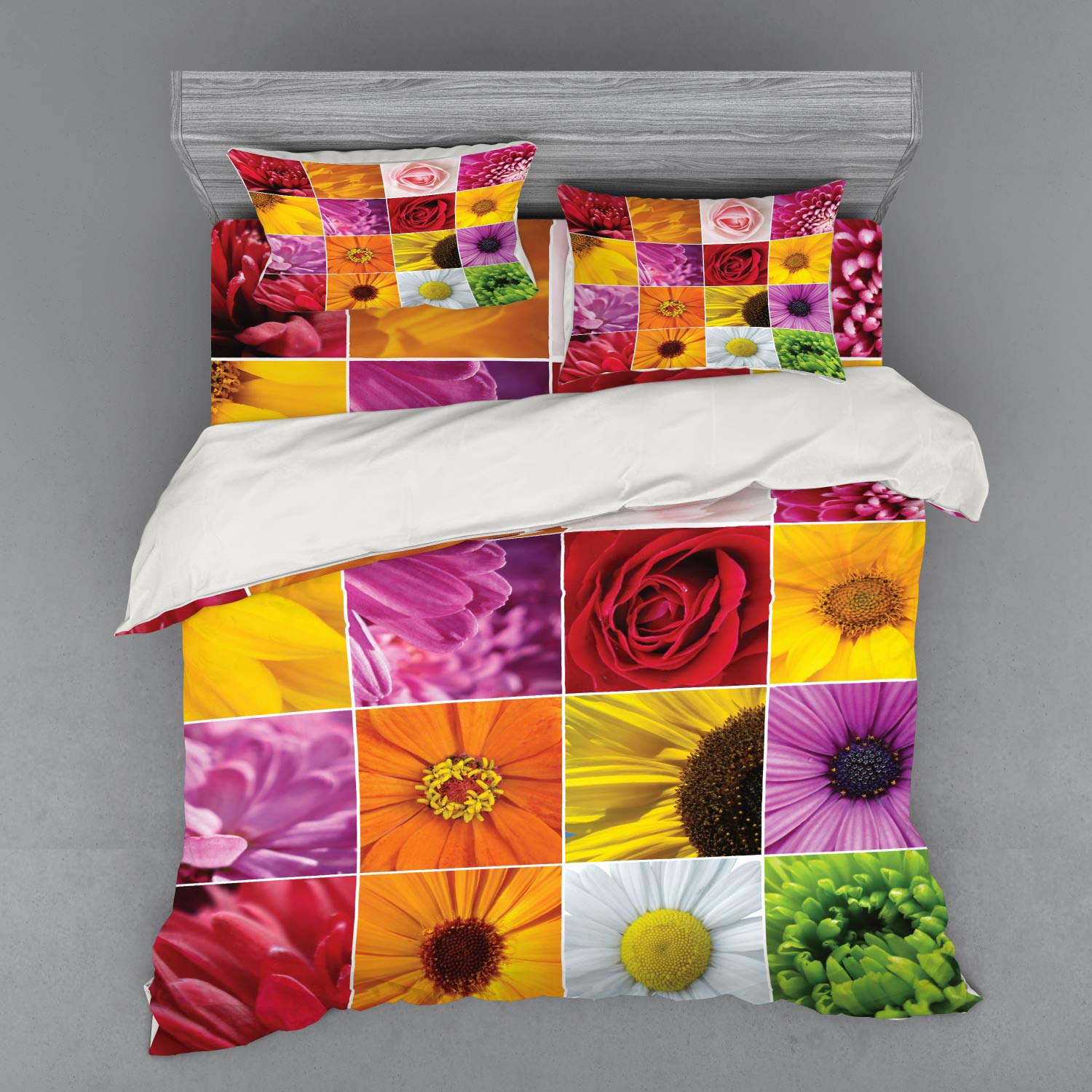 Ambesonne Floral Duvet Cover Set - King Size 4-Piece Bedding with Chrysanthemum Rose Sunflower Violet Design | Romantic Bridal Bedroom Decor | Perfect for Master Bedroom, Guest Room & Wedding Gift