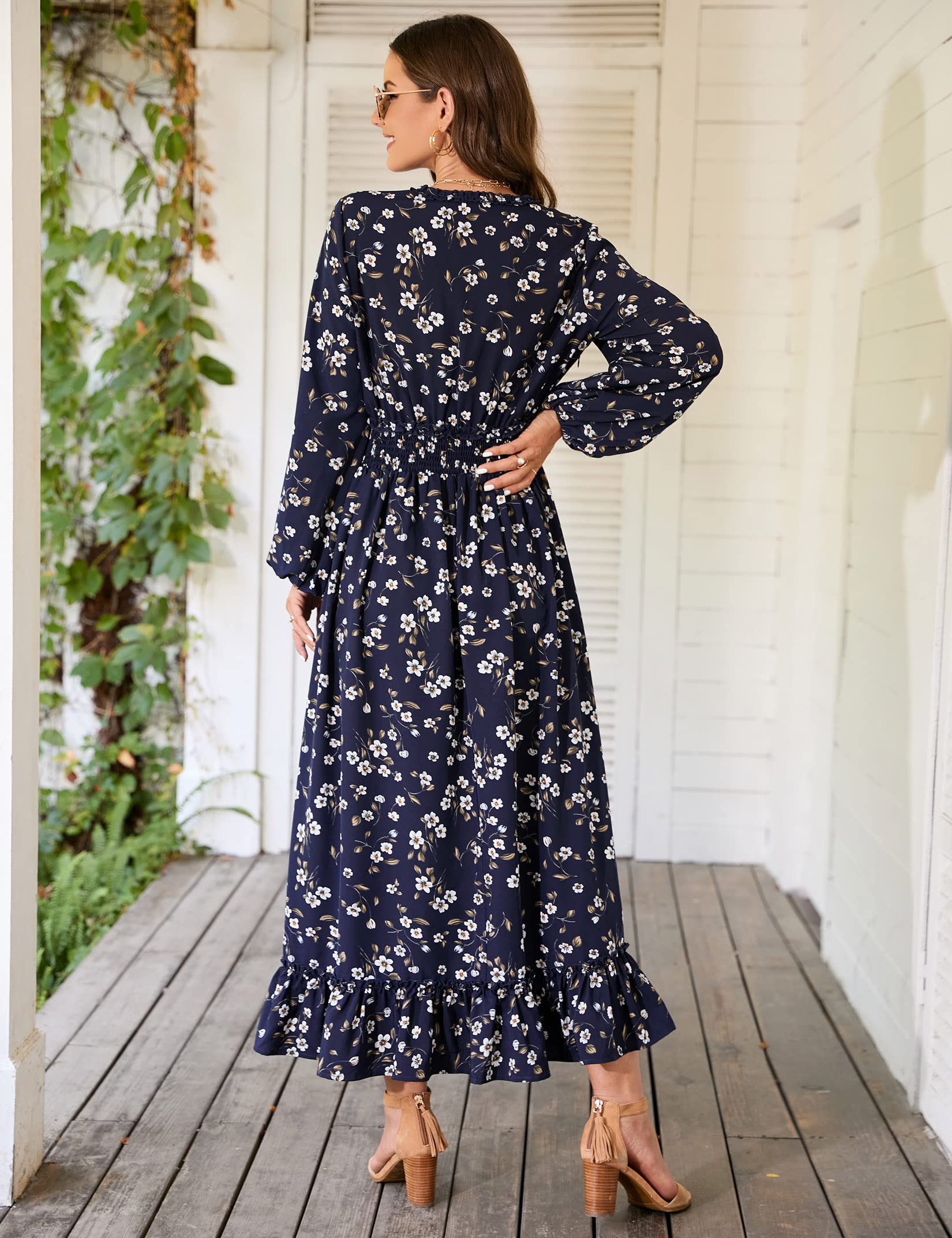 MISSKY Women's Casual V-Neck Boho Floral Print Maxi Dress - Bohemian Flowy Wedding Guest Dress for Beach, Party & Summer Vacation
