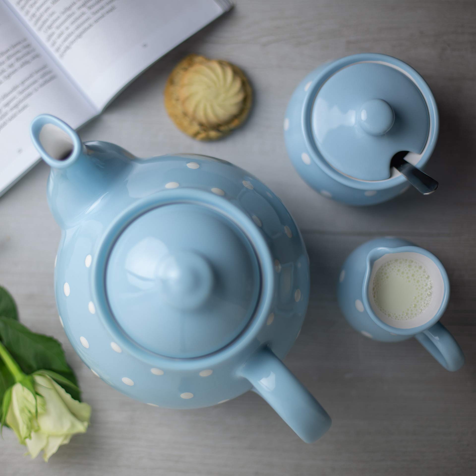 Handmade Baby Blue and White Polka Dot Ceramic Teapot Set - 1.7L (60oz) Large Capacity with 4 Cups & Saucers, Milk Jug & Sugar Bowl - Perfect for Afternoon Tea, Housewarming Gifts & Tea Lovers - City to Cottage®