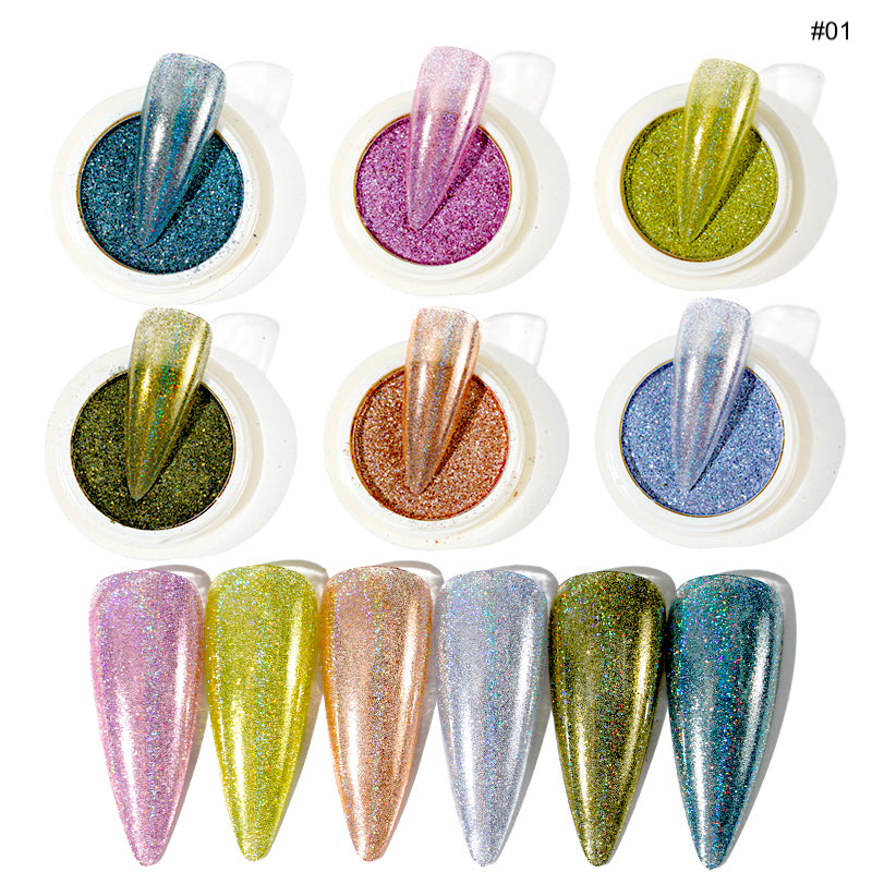 Holographic Glitter Chrome Powder Set - 6PCS Nail Art Pigment for Stunning Metallic & Iridescent Manicures - Perfect for DIY Nails, Salon Use & Special Occasions
