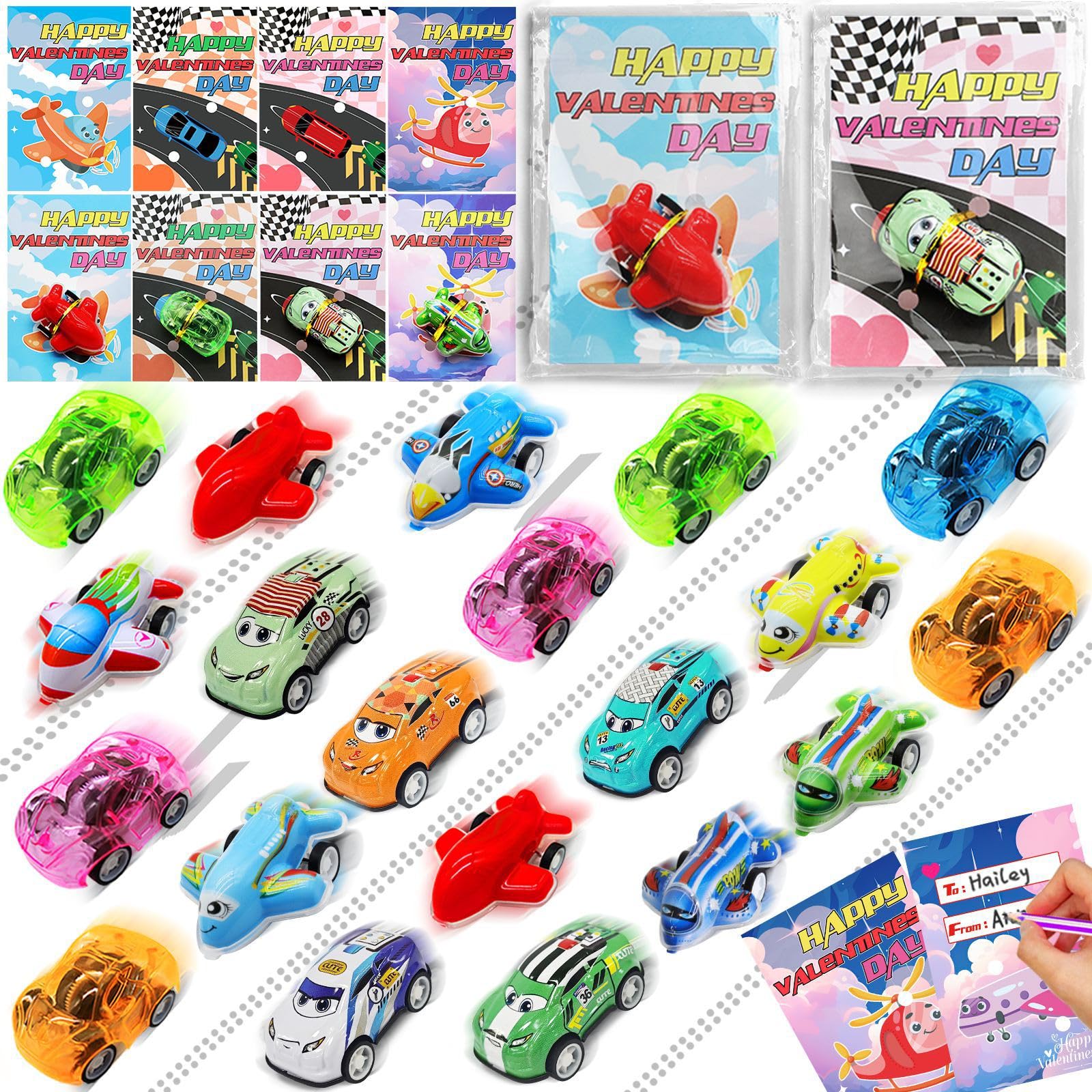 AMENON 28 Pack Valentine's Day Gifts for Kids - Valentine Cards with Pull Back Toy Cars - Classroom Party Favors, School Exchange Gifts & Birthday Goodie Bags