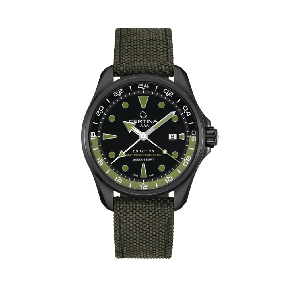 DS Action GMT 43mm Men's Watch - Black & Green Stainless Steel Bracelet - Automatic Dual Time Zone - Perfect for Travel, Business & Everyday Wear