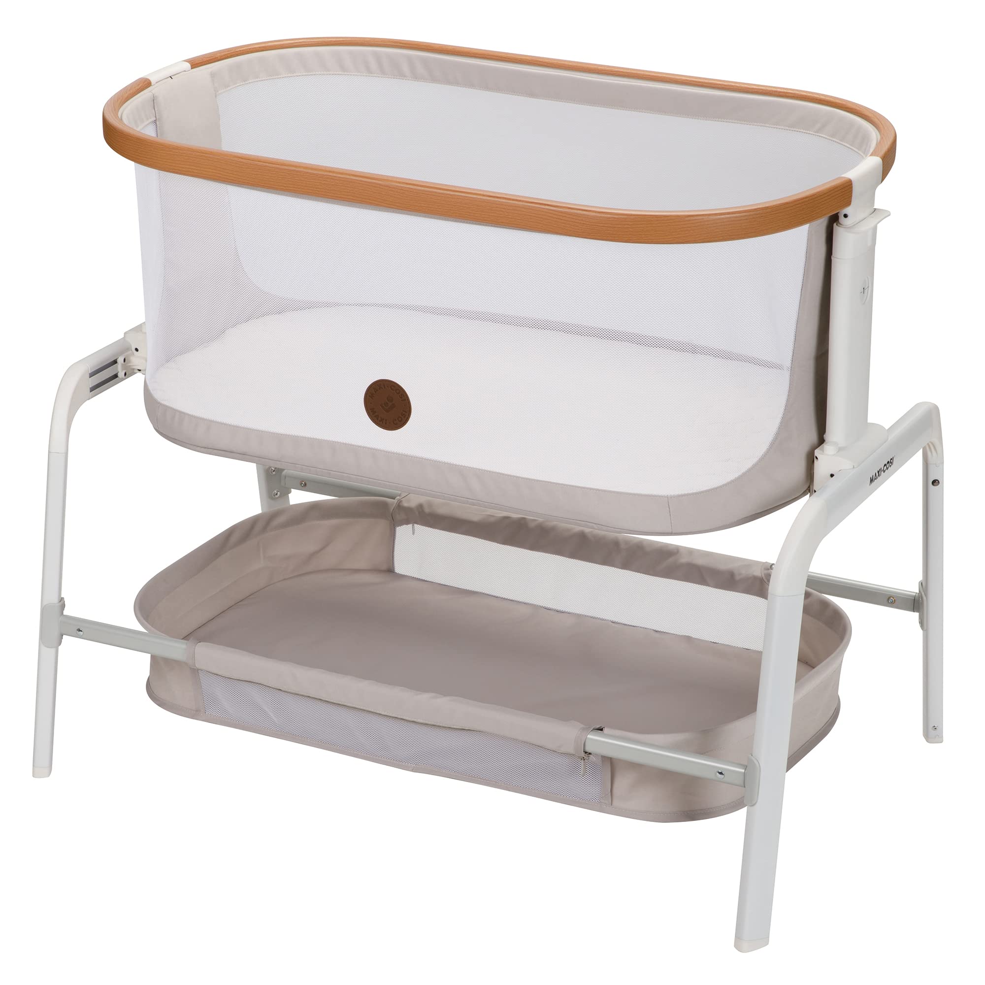 Maxi-Cosi Iora Bedside Bassinet - Portable Infant Crib with 4 Adjustable Heights, Foldable Design & Large Storage Basket - Includes Travel Bag (Horizon Sand) - Perfect for Nursery, Bedside Sleeping & Travel