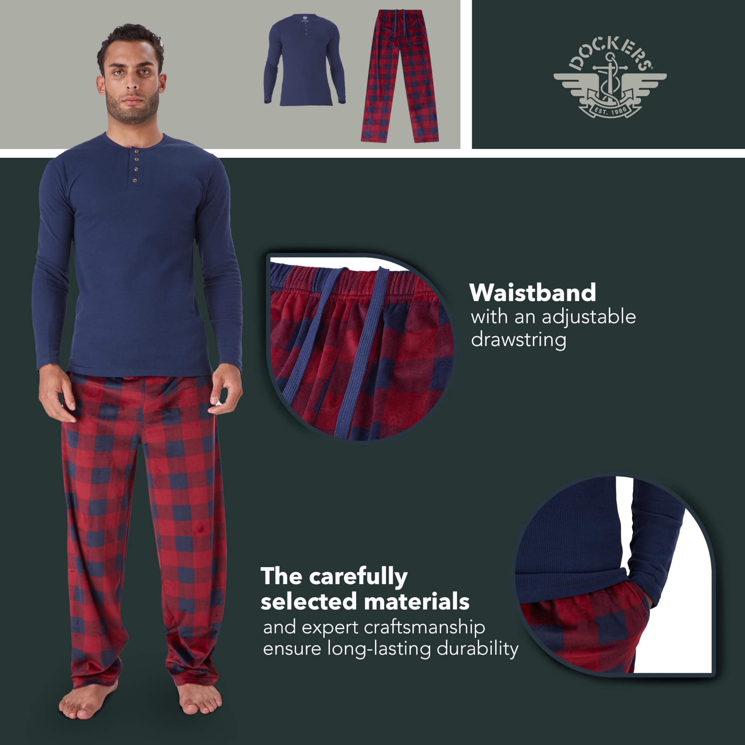 DOCKERS Men's Plaid Pajama Set - Waffle Henley Long Sleeve Shirt & Comfortable PJ Pants for Lounge, Sleep & Relaxation at Home