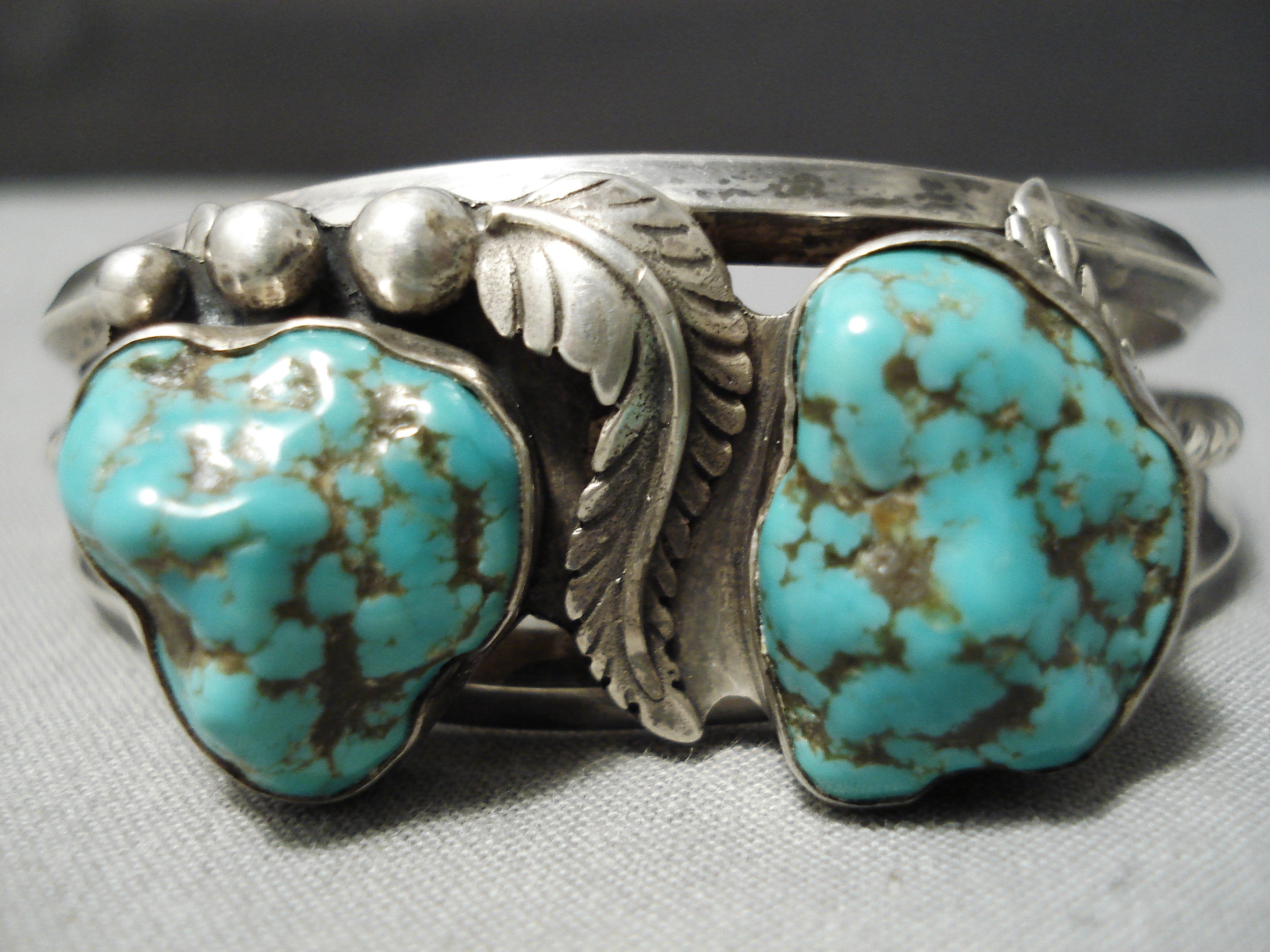 2 Chunky Turquoise Vintage Native American Navajo Sterling Silver Leaf Bracelet - Handmade Jewelry for Women, Boho Chic Accessories, Perfect for Festivals & Casual Wear