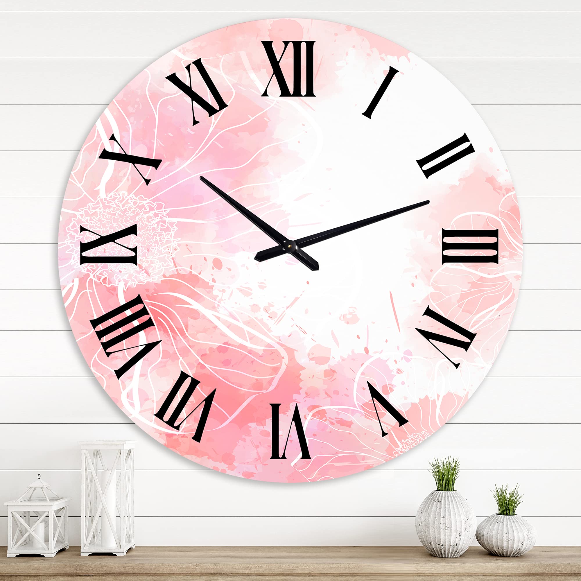 DesignQ Modern Abstract Pink Flowers Splashes Wall Clock - Large Fractal Art Decor for Living Room, Bedroom & Office | Silent Non-Ticking Home Decoration