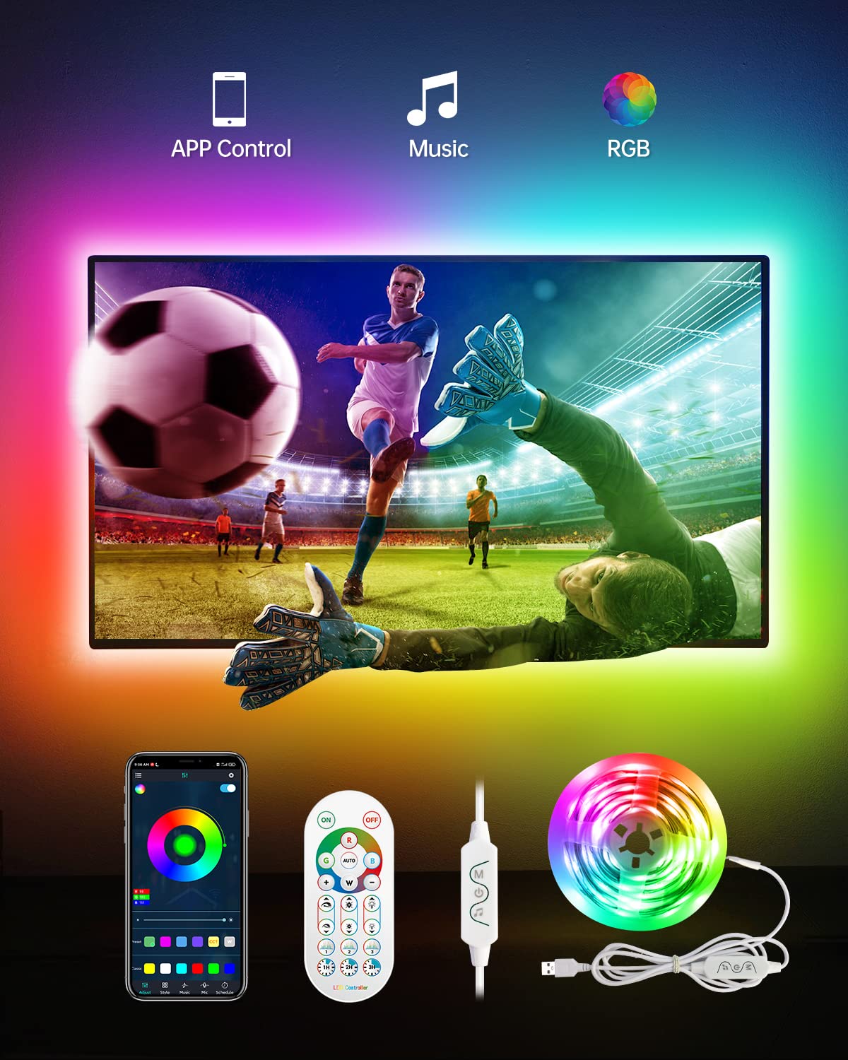 Daymeet 16.4FT RGB LED TV Backlight Strip - Smart Bluetooth App Control with Remote, USB Music Sync, Color Changing Lights for 45-85 Inch TVs - Perfect for Bedroom Ambient Lighting & Home Theater Setup