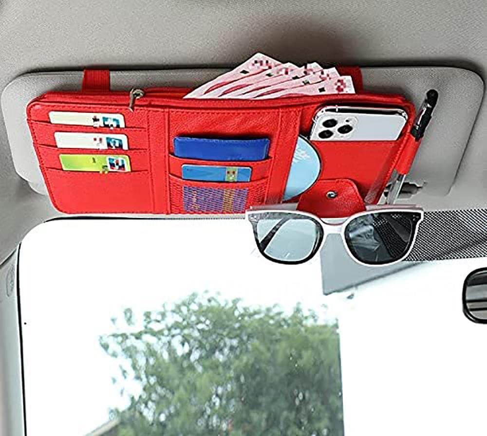 Weimay Car Sun Visor Organizer - PU Leather Hanging Storage Bag with Tissue Box Holder for Car Accessories | Perfect for Road Trips, Daily Commute & Car Organization