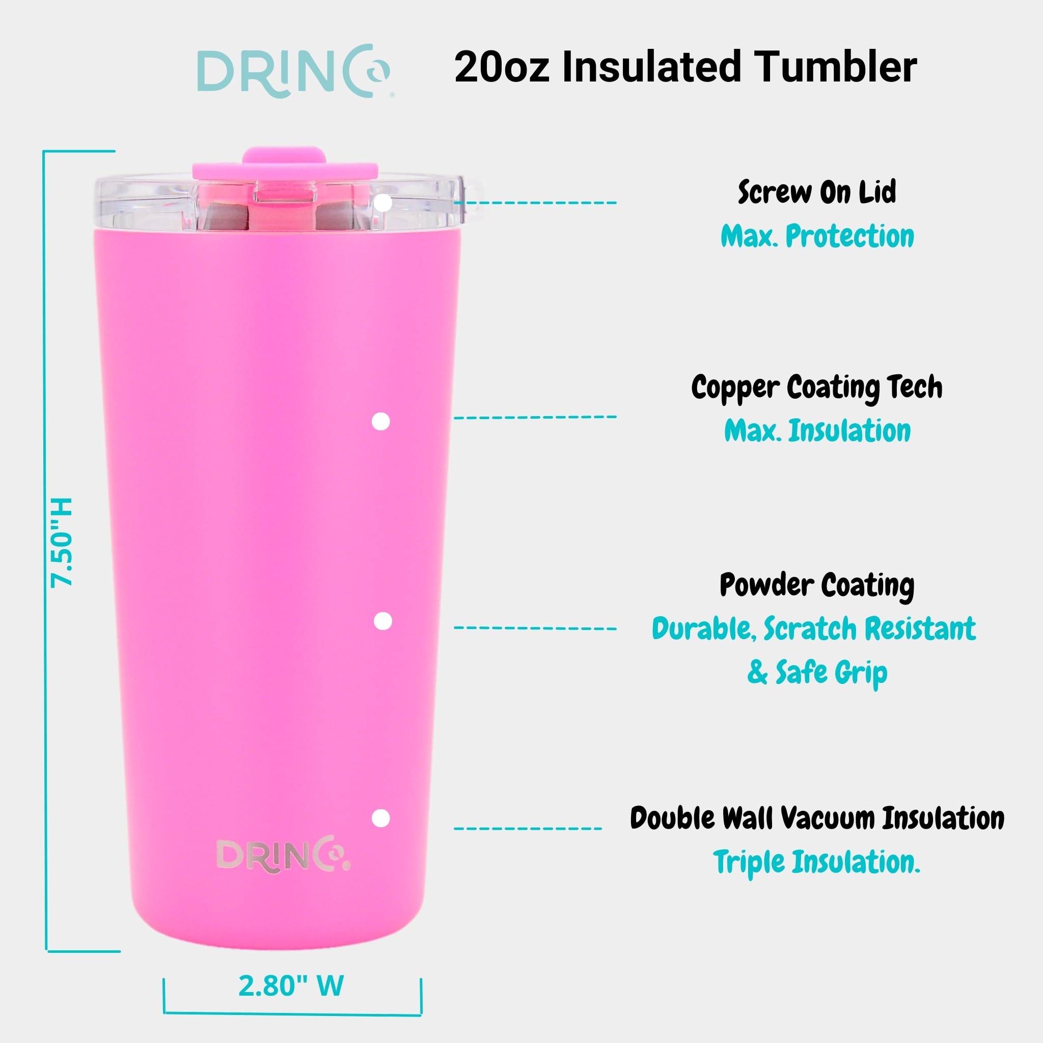 Drinco 20 oz Stainless Steel Tumbler - Double Wall Vacuum Insulated Travel Mug with Lid & 2 Straws - Keeps Hot/Cold Beverages for Hours - Perfect for Coffee, Tea, Smoothies & Iced Drinks at Home, Office or Gym (Island Pink)