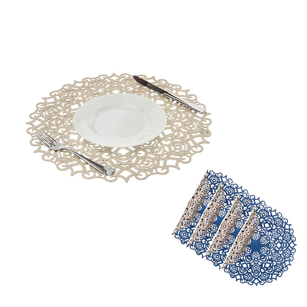 Mijal Gleiser Double Sided Placemats Set of 4 - Laser Cut, Heat Resistant, Non Slip, Stain Resistant - Maya Collection (Royal Blue & Champagne) - Perfect for Dining Table, Kitchen, Party, and Home Decor