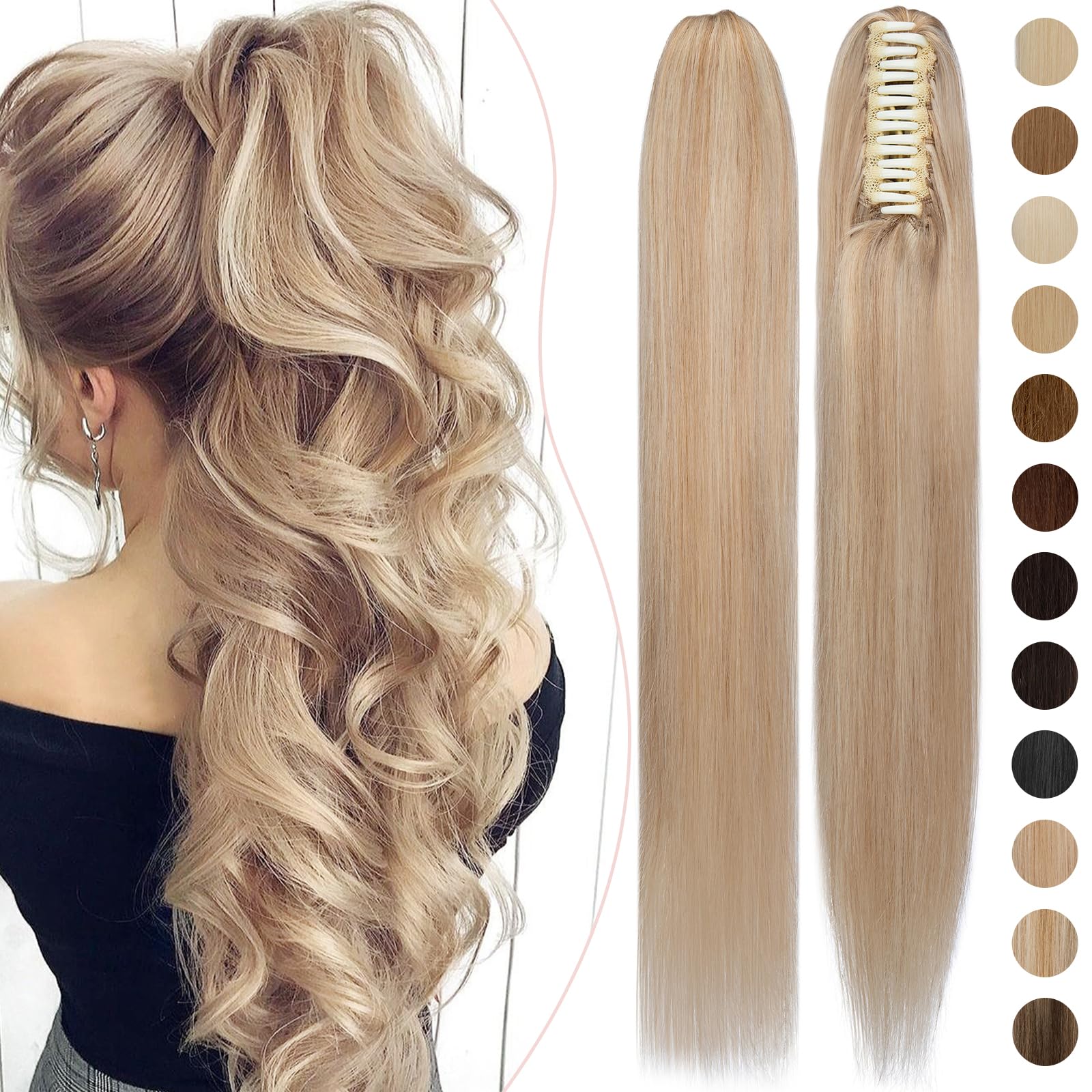 Rich Choices 20 Inch Human Hair Ponytail Extension - Clip In Remy Hair Ponytail with Balayage Highlights (Ash Blonde/Bleach Blonde, 120g) for Women - Perfect for Parties, Weddings & Everyday Styling