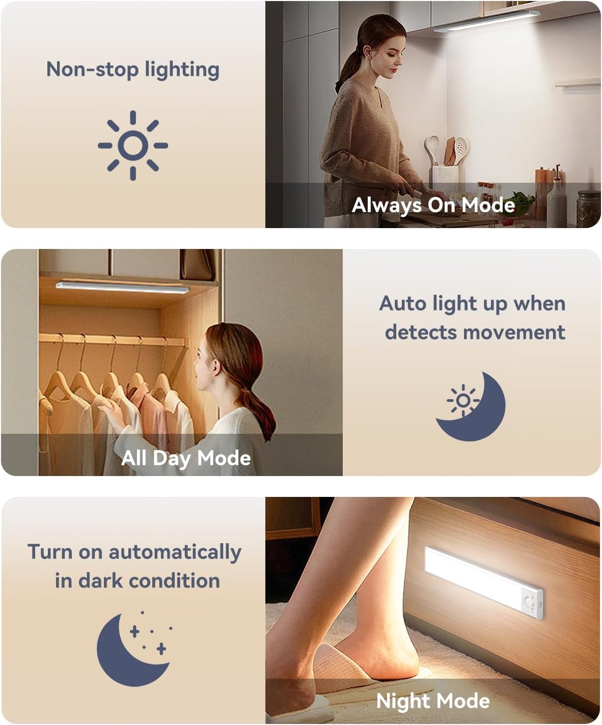 Rechargeable Under Cabinet Lighting with Motion Sensor - 60 LED Wireless Battery Operated Lights for Kitchen, Closet & Indoor Use (2-Pack, 3200mAh) - Perfect for Nighttime Safety & Cabinet Illumination