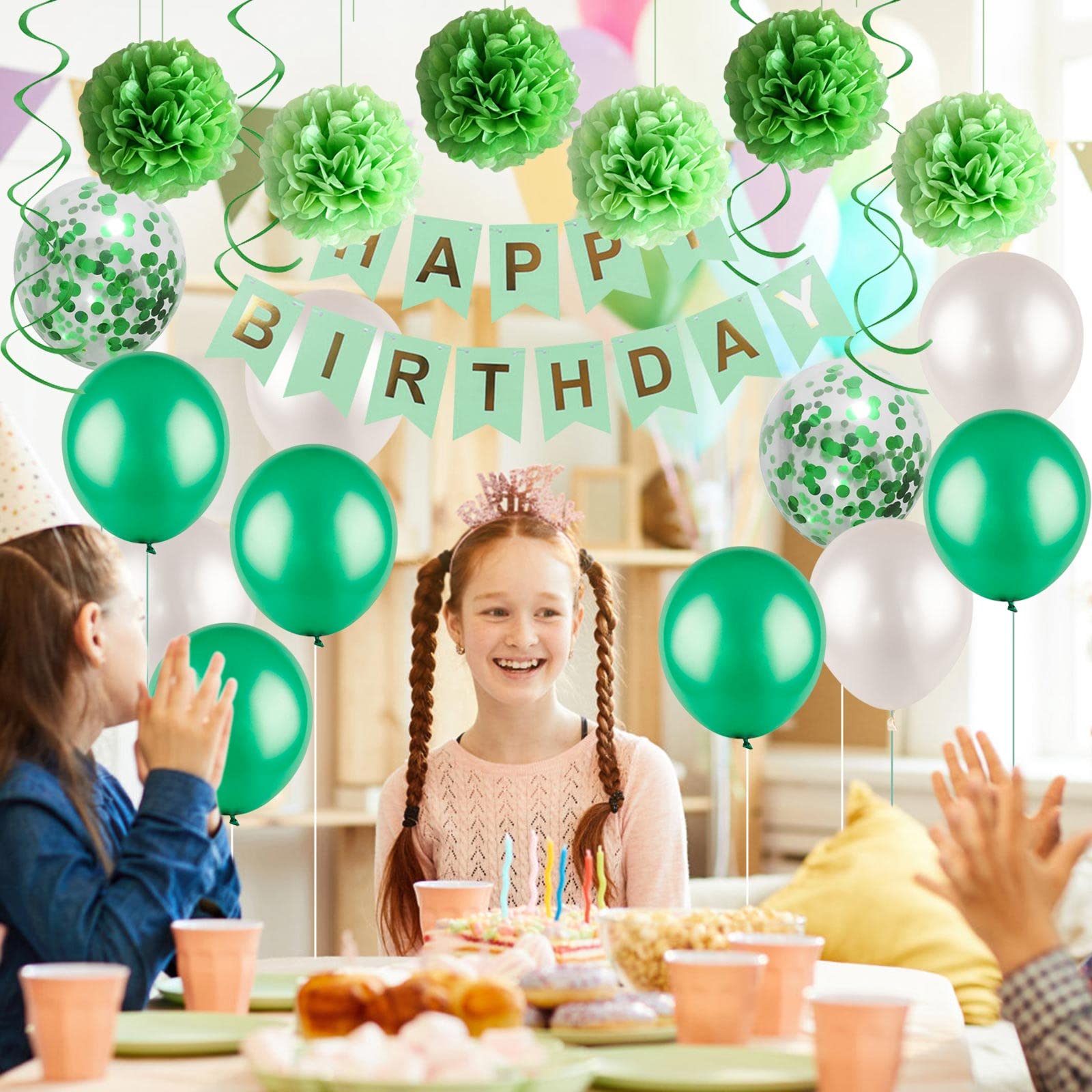 Green Birthday Party Decorations Kit - Happy Birthday Banner, Spiral Charm, Paper Flower Ball, Latex & Confetti Balloons for Girls & Boys Birthday Party Supplies | Perfect for Indoor/Outdoor Birthday Celebrations, Baby Showers & Special Events