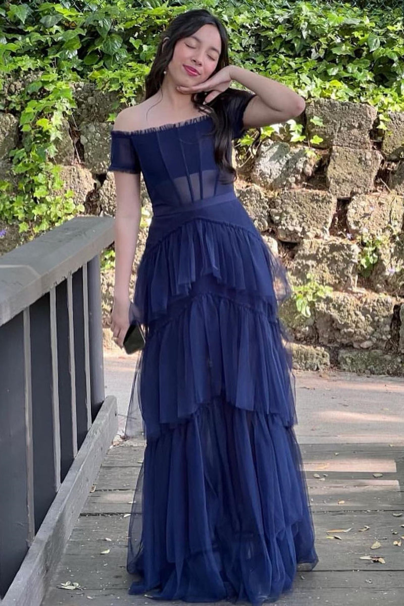 Elegant Navy Blue Tiered Tulle Prom Dress - Off-the-Shoulder Formal Gown for Homecoming, Evening Party & Special Occasions
