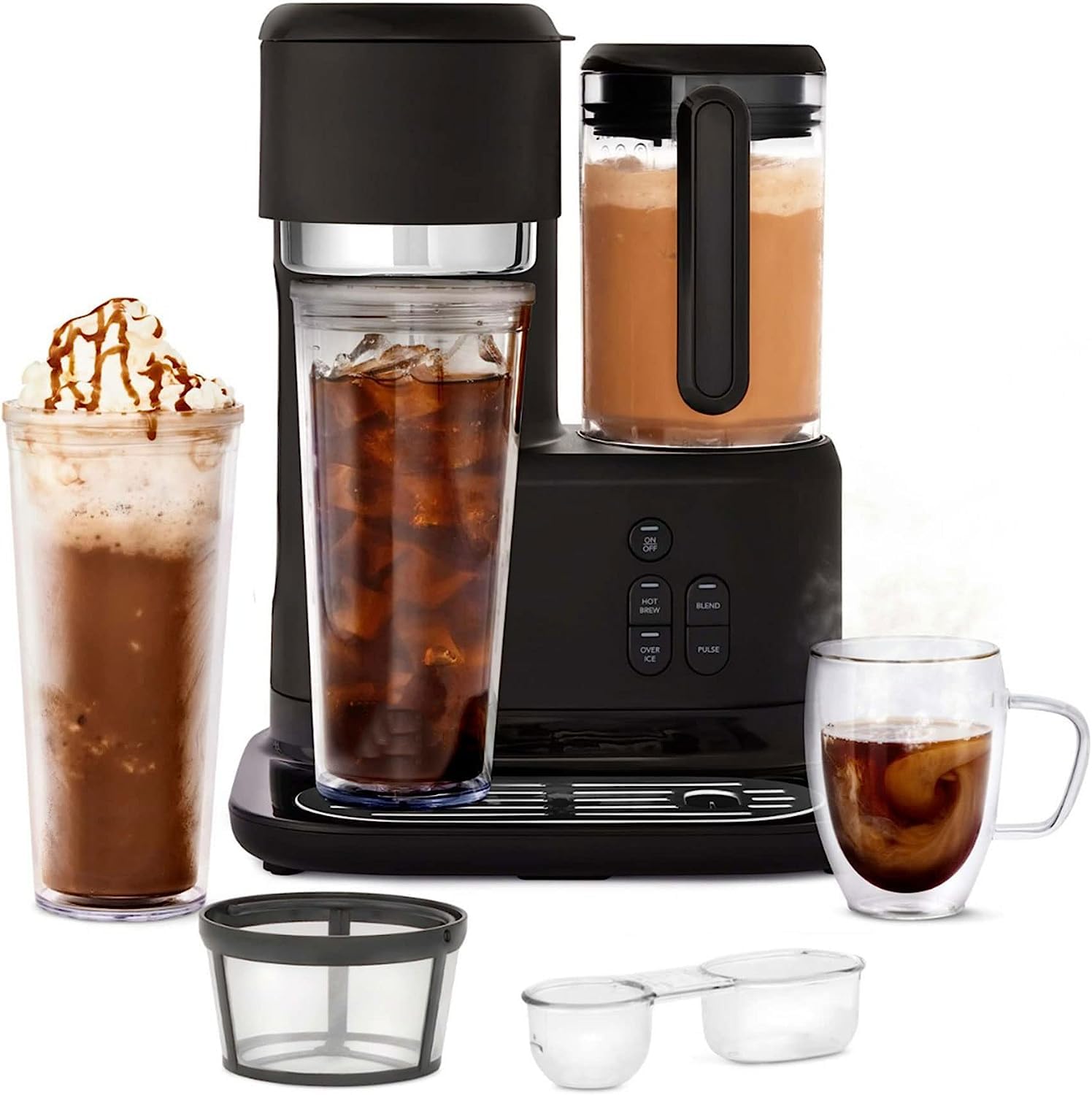 3-in-1 Single Serve Coffee Maker for Iced & Hot Coffee & Tea - Reusable Filter, Scoop & Stirrer Included - Perfect for Home, Office & Travel - Black