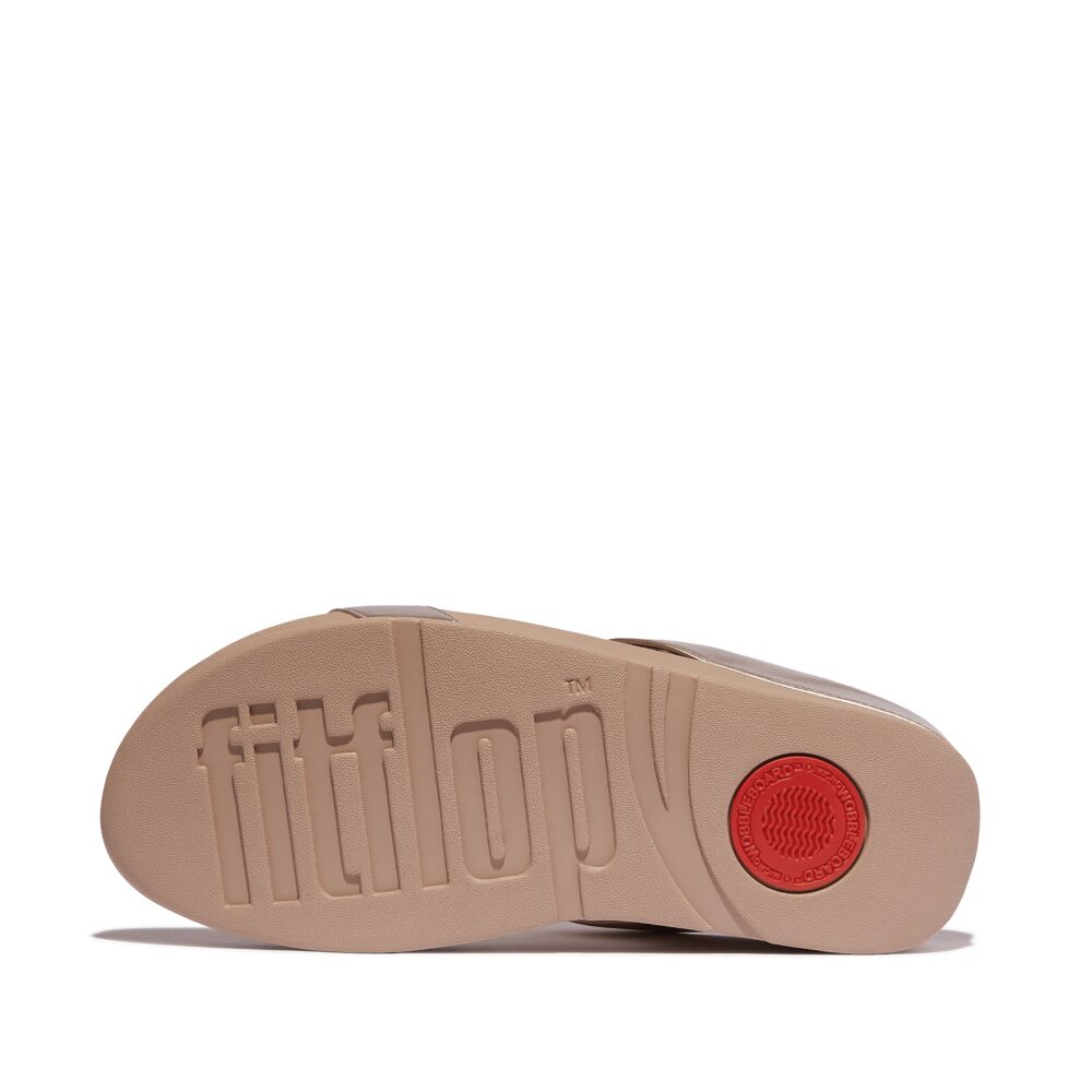 FitFlop Halo Bead Circle Metallic Slide Sandals for Women - Comfortable Summer Beach Shoes with Arch Support - Perfect for Poolside, Vacation & Casual Wear (Latte Beige)