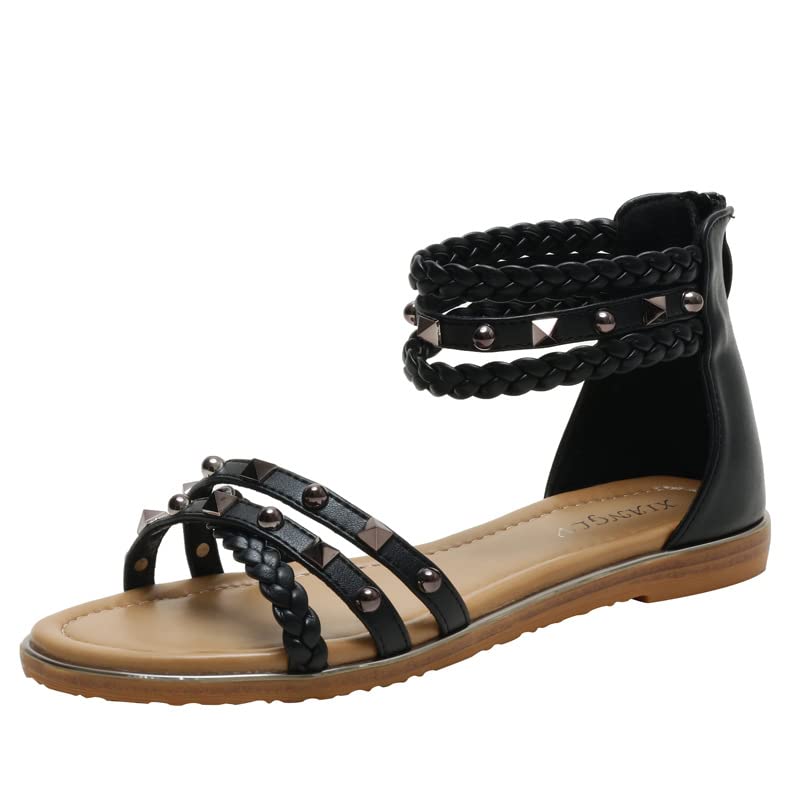 Women's Studded Square Toe Flat Sandals with Ankle Strap - Comfortable Summer Strappy Sandals for Beach, Vacation and Casual Outfits