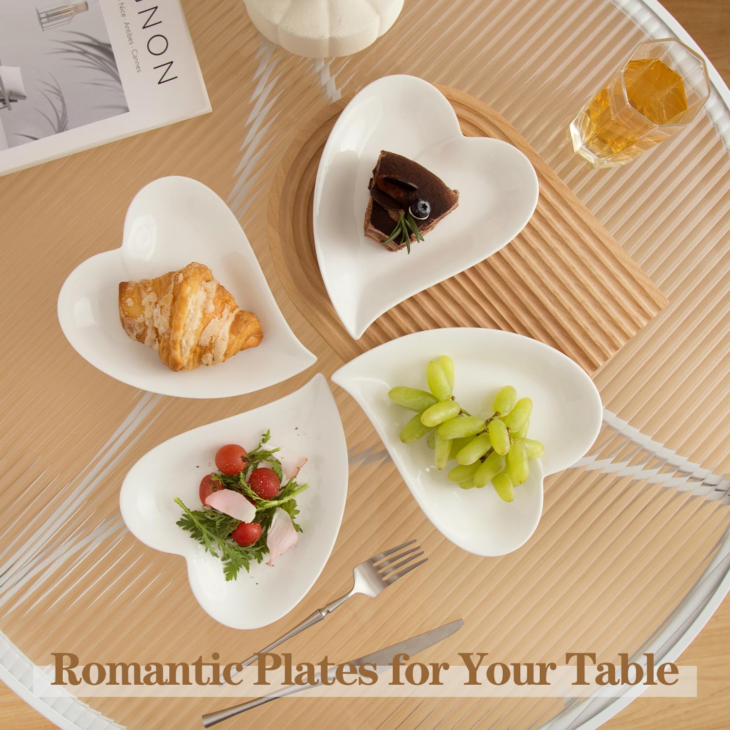 10-Piece 7-Inch White Porcelain Heart-Shaped Appetizer Plates Set - Microwave & Dishwasher Safe Small Dessert Plates for Cake, Ice Cream, Waffles - Perfect for Valentine's Day, Bridal Showers & Romantic Dinners