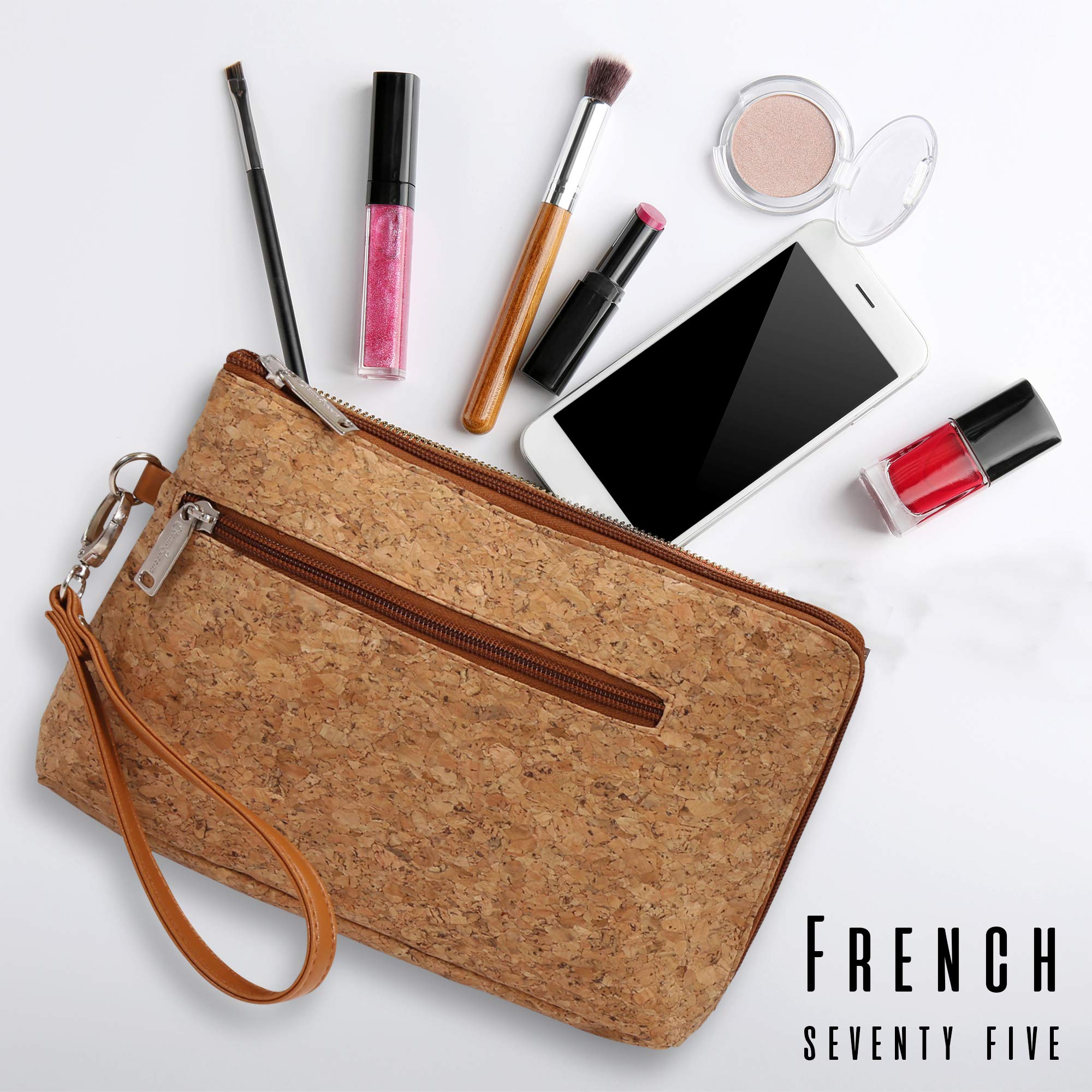 Primeware French 75 Daily Essentials Cosmetic Bag - Waterproof Cork Makeup Pouch for Travel, Gym & Organizer (Perfect for Toiletries, Jewelry & Small Accessories)