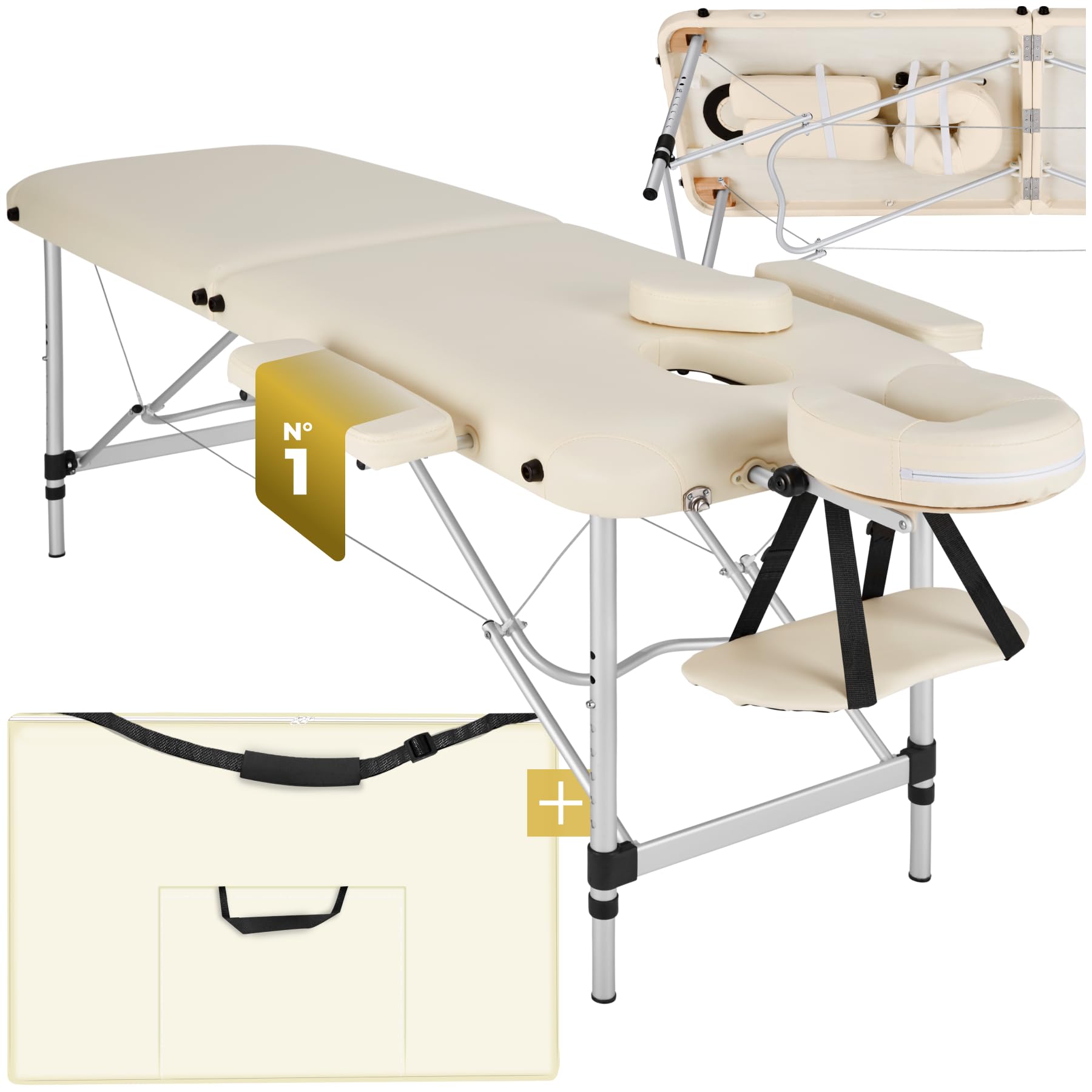 TecTake® Professional Folding Massage Table 2-Zone Aluminum Cosmetic Bed for Tattoo & Spa - Portable with Armrest & Carry Case - Perfect for Home, Salon, and Mobile Therapists