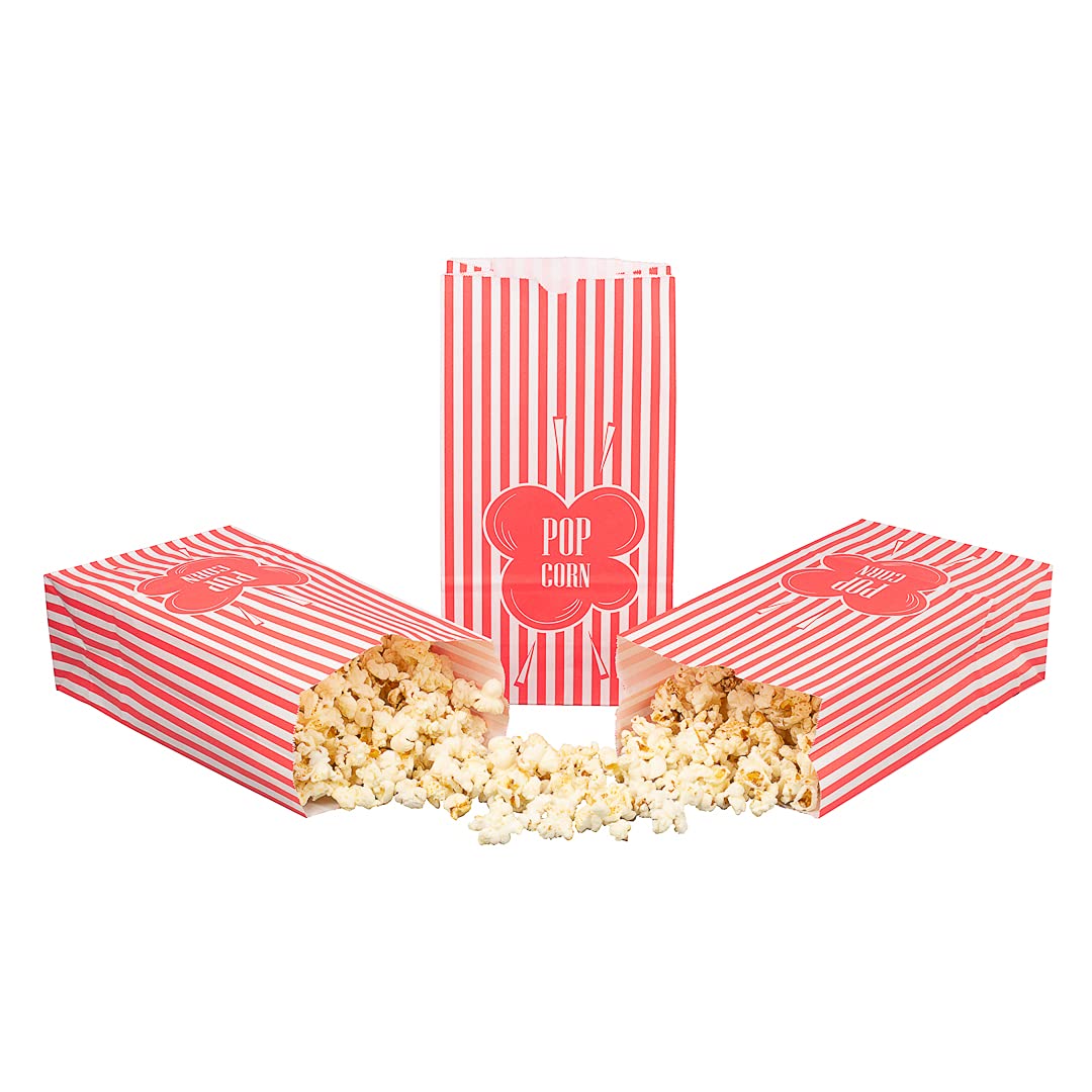 100 Disposable 2oz Red Striped Popcorn Bags - Greaseproof Paper Concession Supplies for Movie Theaters, Carnivals & Home Movie Nights | Bulk Restaurantware Popcorn Containers