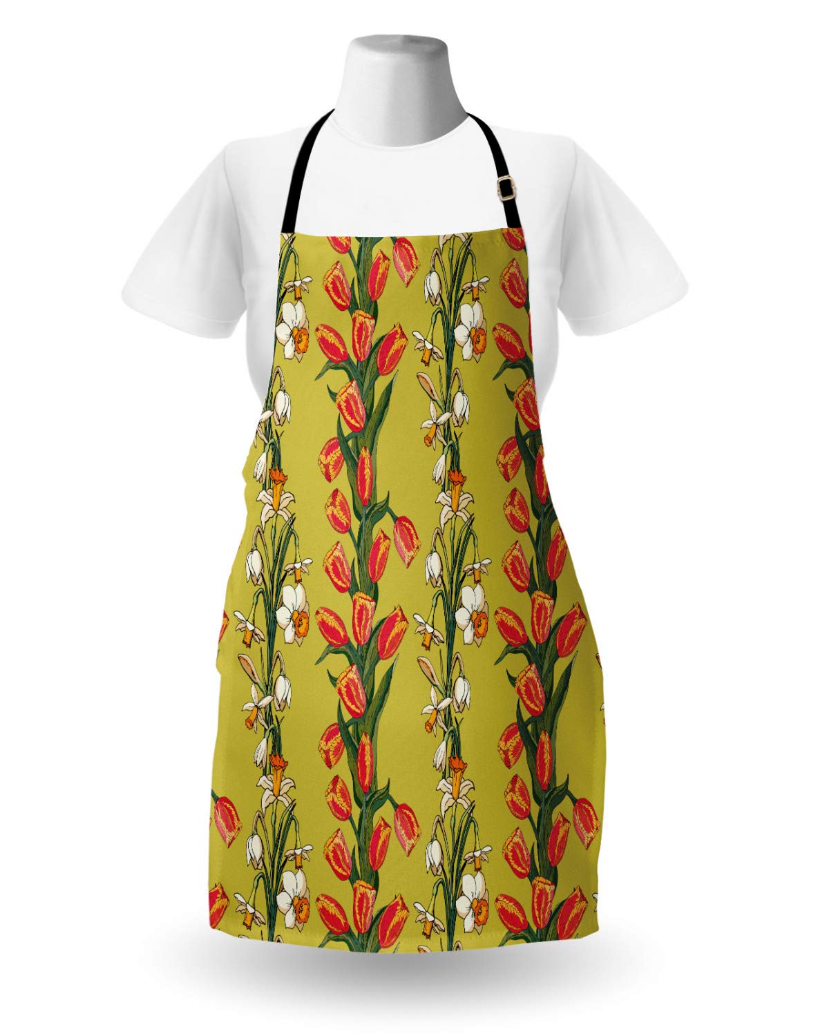 Ambesonne Floral Apron - Unisex Kitchen Bib with Adjustable Neck, Tulip & Daffodil Leafy Botanical Design in Khaki, Dark Coral, Olive Green & Orange - Perfect for Cooking, Baking, Gardening & BBQ - Adult Size