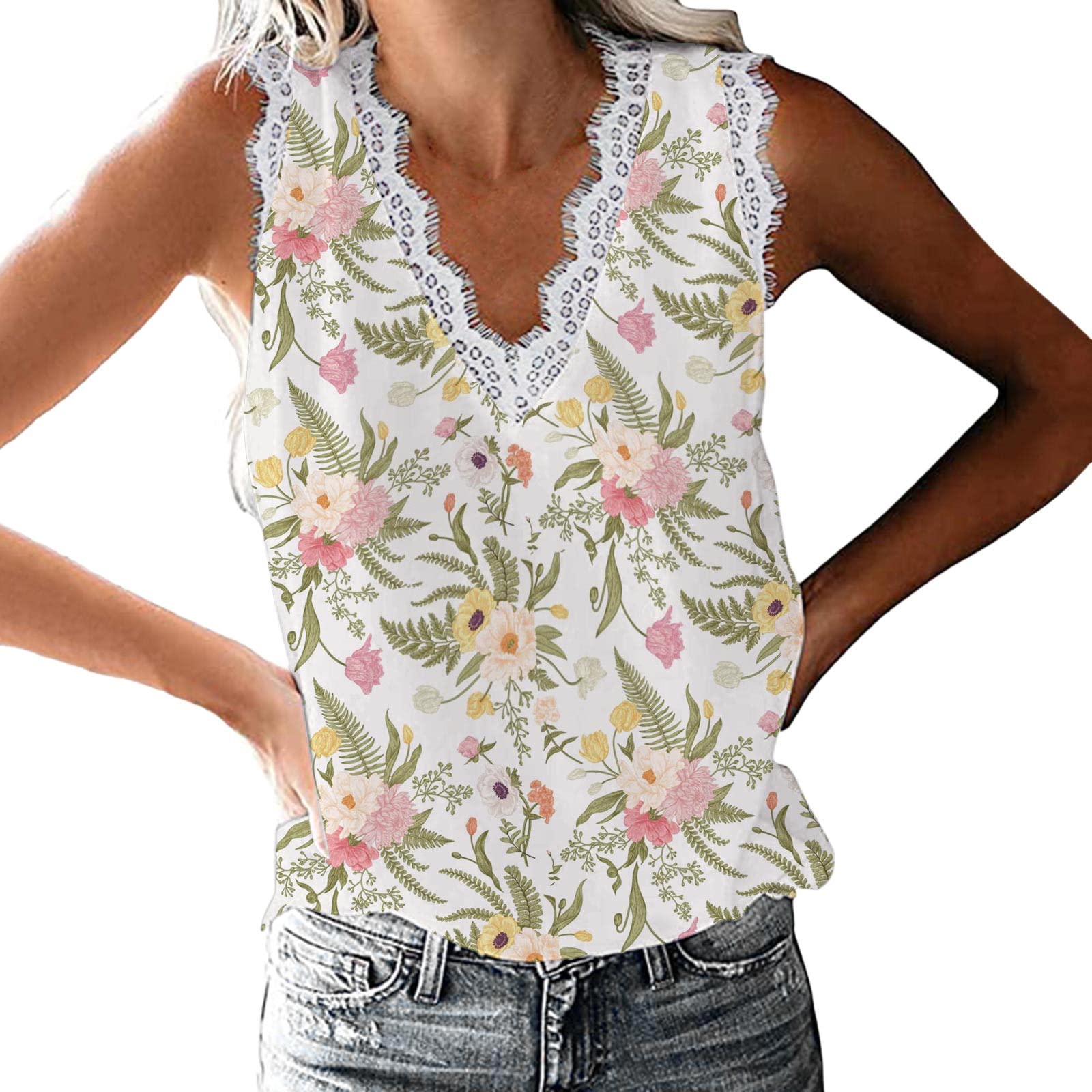 Sexy Cropped Lace Trim Tank Top for Women - Summer Casual Sleeveless Blouse, White Vest Shirt | Perfect for Beach Outings, Music Festivals & Summer Parties