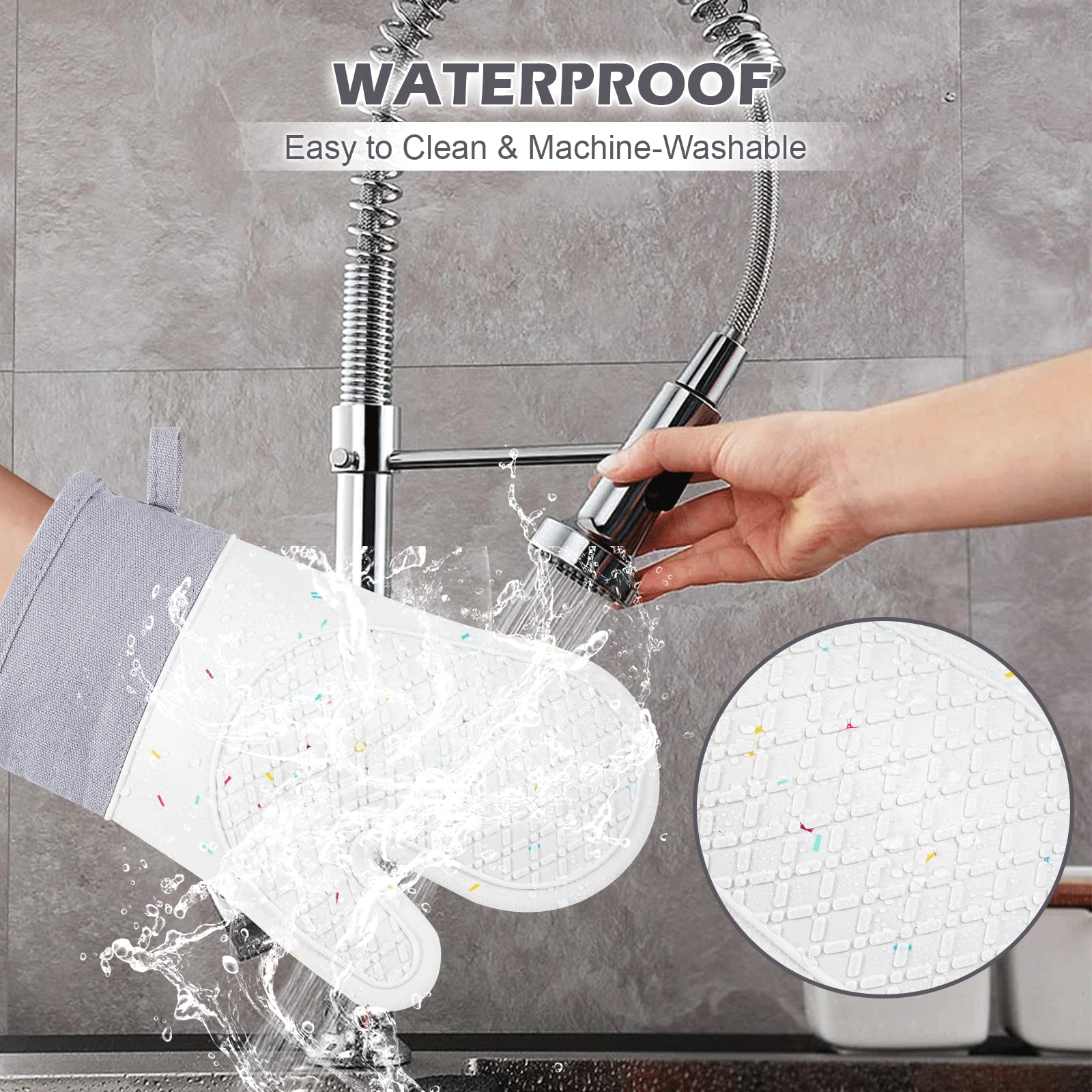 Heat-Resistant Silicone Oven Mitts with Non-Slip Grip - 11'' Waterproof & Durable Kitchen Gloves for Baking, Grilling, BBQ, Camping - Perfect for Hot Pans, Baking Sheets & Outdoor Cooking (1 Pair, Grey)