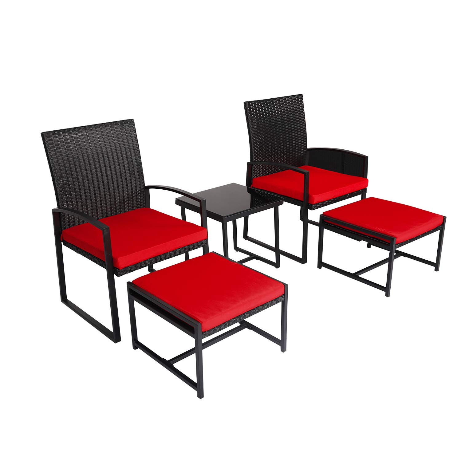 5-Piece Outdoor Wicker Patio Set with Coffee Table, Ottomans & Cushions - Red Rattan Furniture for Porch, Backyard, Garden, Balcony | Perfect for Relaxing, Entertaining & Outdoor Dining