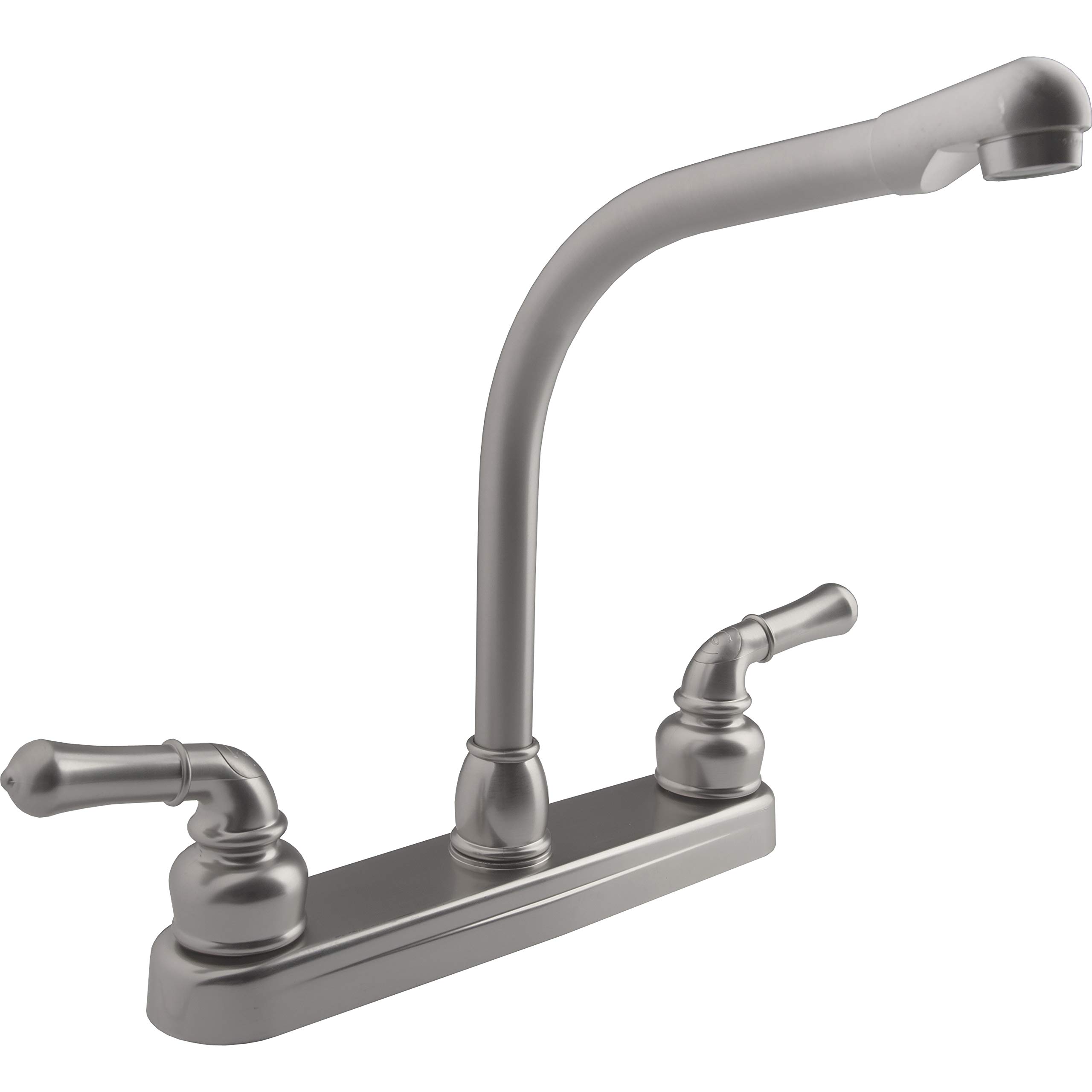 **Durable RV Kitchen Sink Faucet - Brushed Satin Nickel Finish, Hi-Rise Design with Classic Levers for Campers & Trailers | Perfect for Outdoor Cooking & Mobile Living**