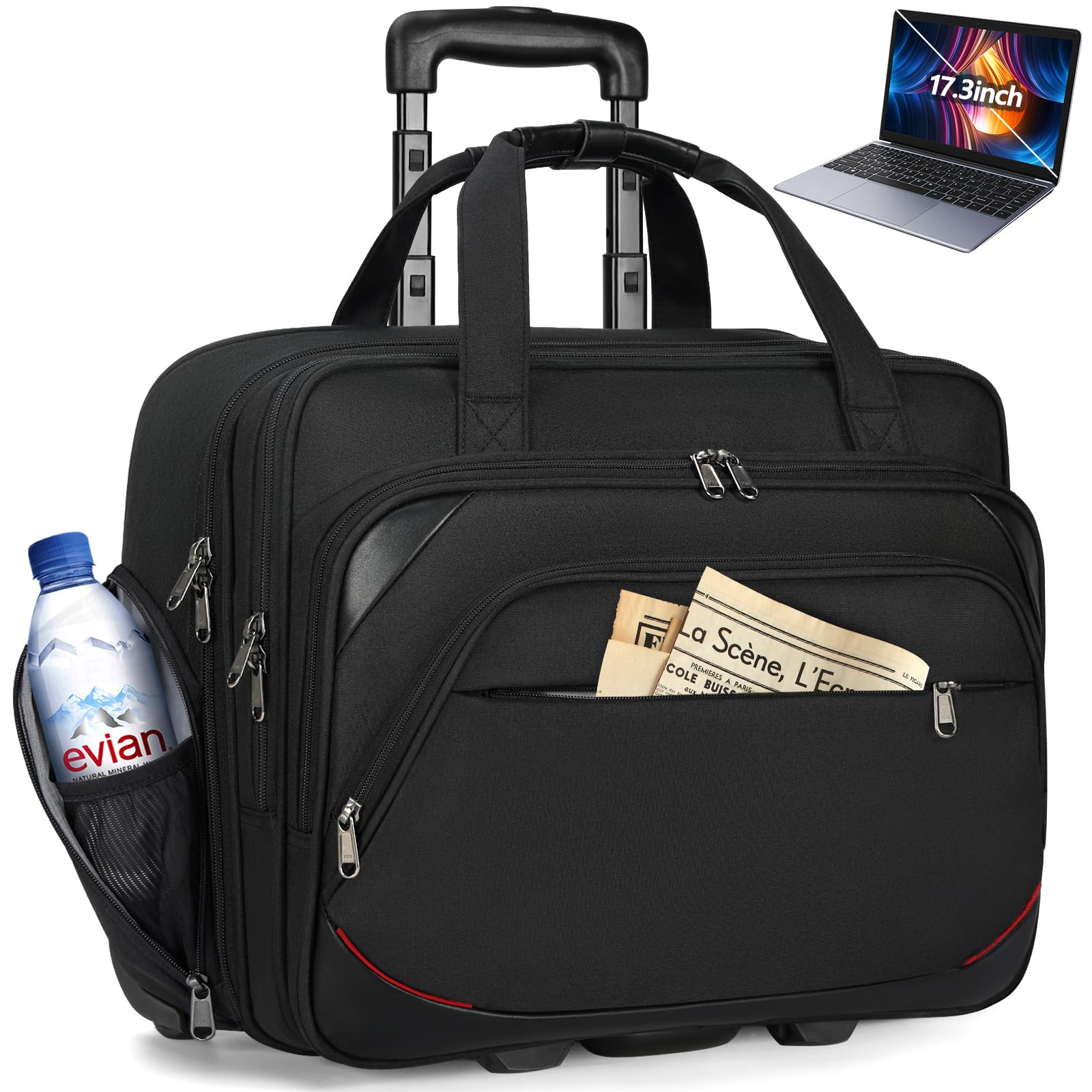 NUBILY 17.3 Inch Rolling Laptop Bag - Waterproof Wheeled Briefcase for Men & Women with RFID Pockets, Underseat Carry-On Luggage for Business Travel, Office & Airplane Use (Black)