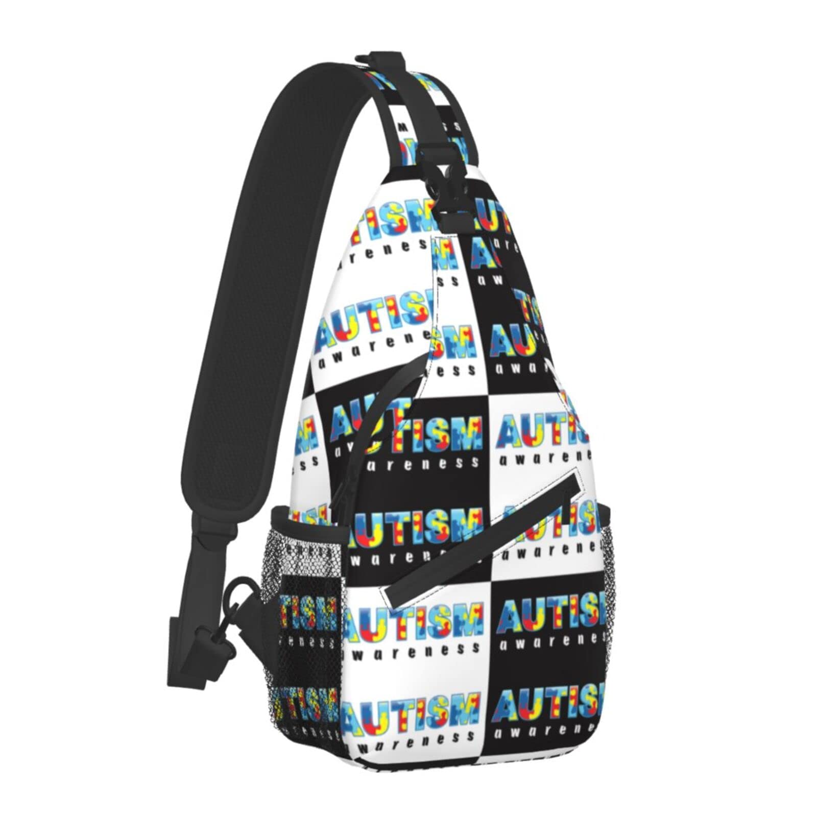 SWEET TANG Anti-Theft Sling Bag - Lightweight Crossbody Backpack for Men & Boys, Autism Awareness Puzzle Pattern in Black White Checkered Design - Perfect for Gym, Hiking, Travel & Cycling