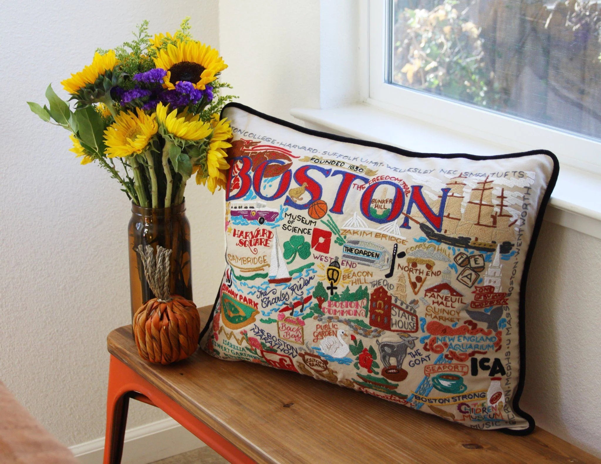 Boston Hand Embroidered Decorative Throw Pillow Covers - Luxury Home Decor for Sofa, Bed & Living Room