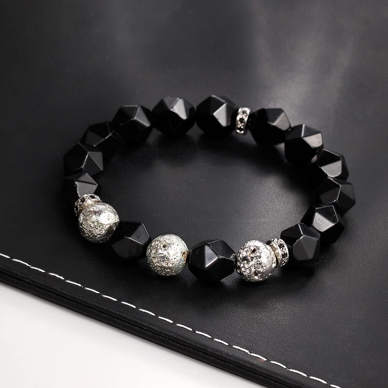 Black Obsidian & Silver Lava Stone Bracelet for Men - Essential Oil Diffuser, Yoga & Meditation Beaded Stretch Bracelet - Perfect for Stress Relief, Spiritual Healing & Everyday Wear