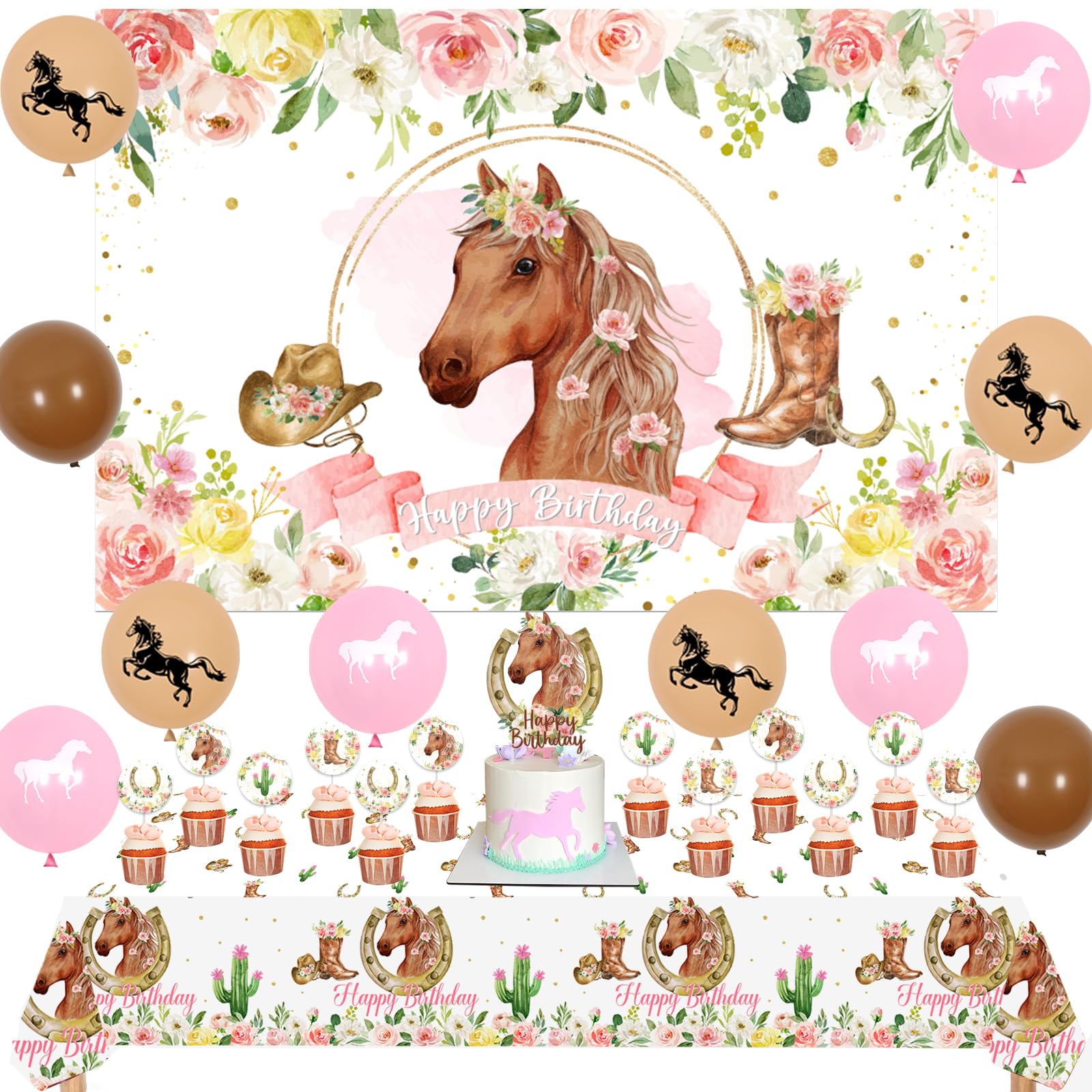 Western Cowgirl Birthday Party Decorations - Horse Theme Backdrop, Cake & Cupcake Toppers, Tablecloth for Girls | Perfect for Western-Themed Birthday Parties, Baby Showers & Cowgirl Celebrations