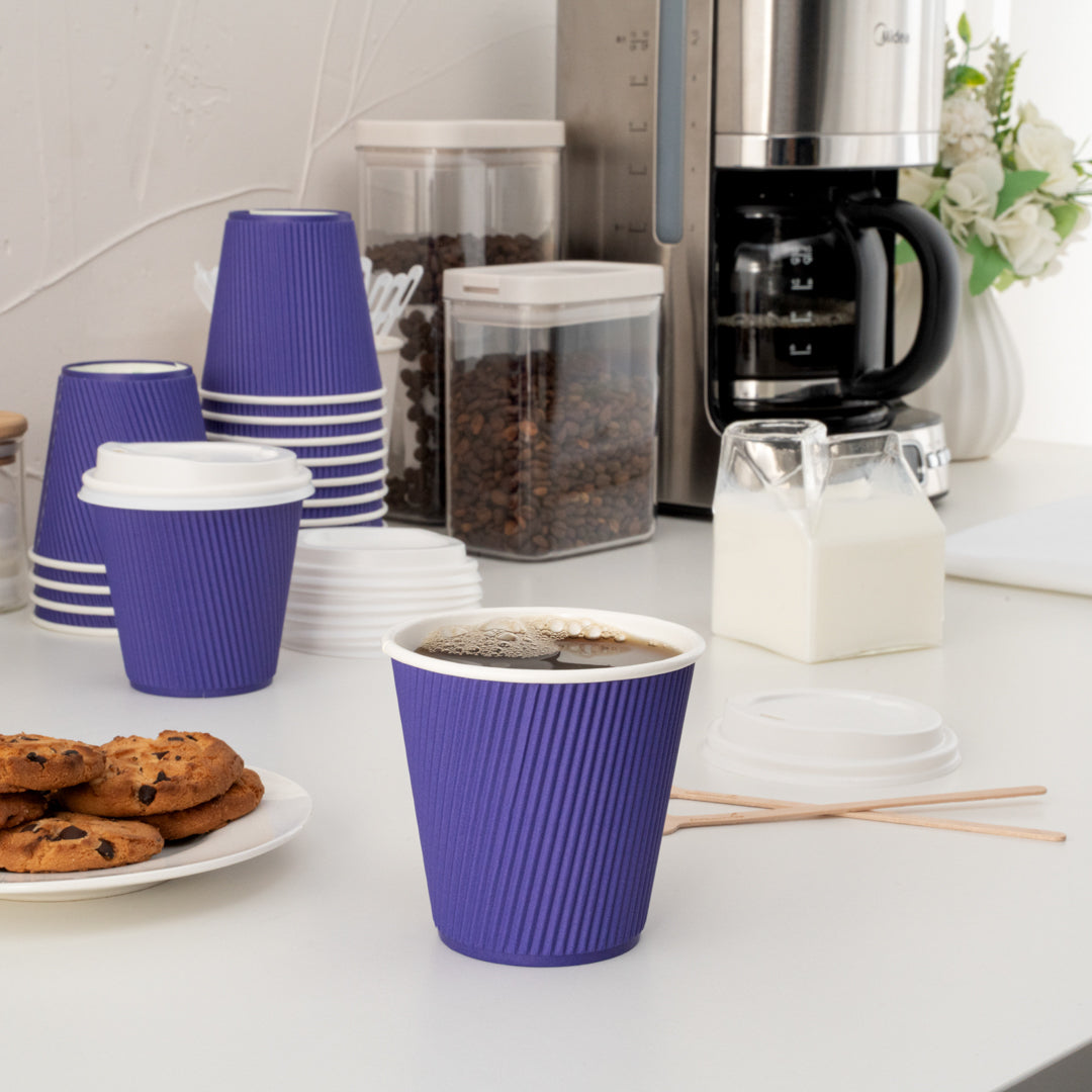 8 oz Royal Purple Ripple Wall Coffee Cups with White Lids - 3.5