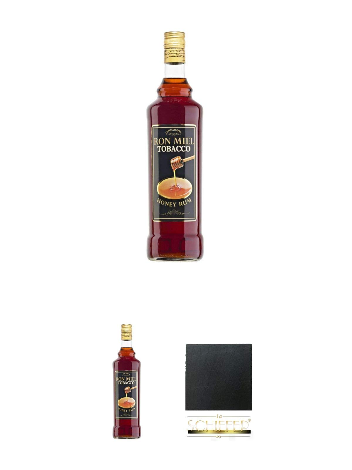 Premium Ron Miel Tobacco Honey Rum 1.0 Liter Gift Set with 2 Bottles & Slate Coaster (9.5cm) - Perfect for Cocktails, Gifts & Home Bar Decor