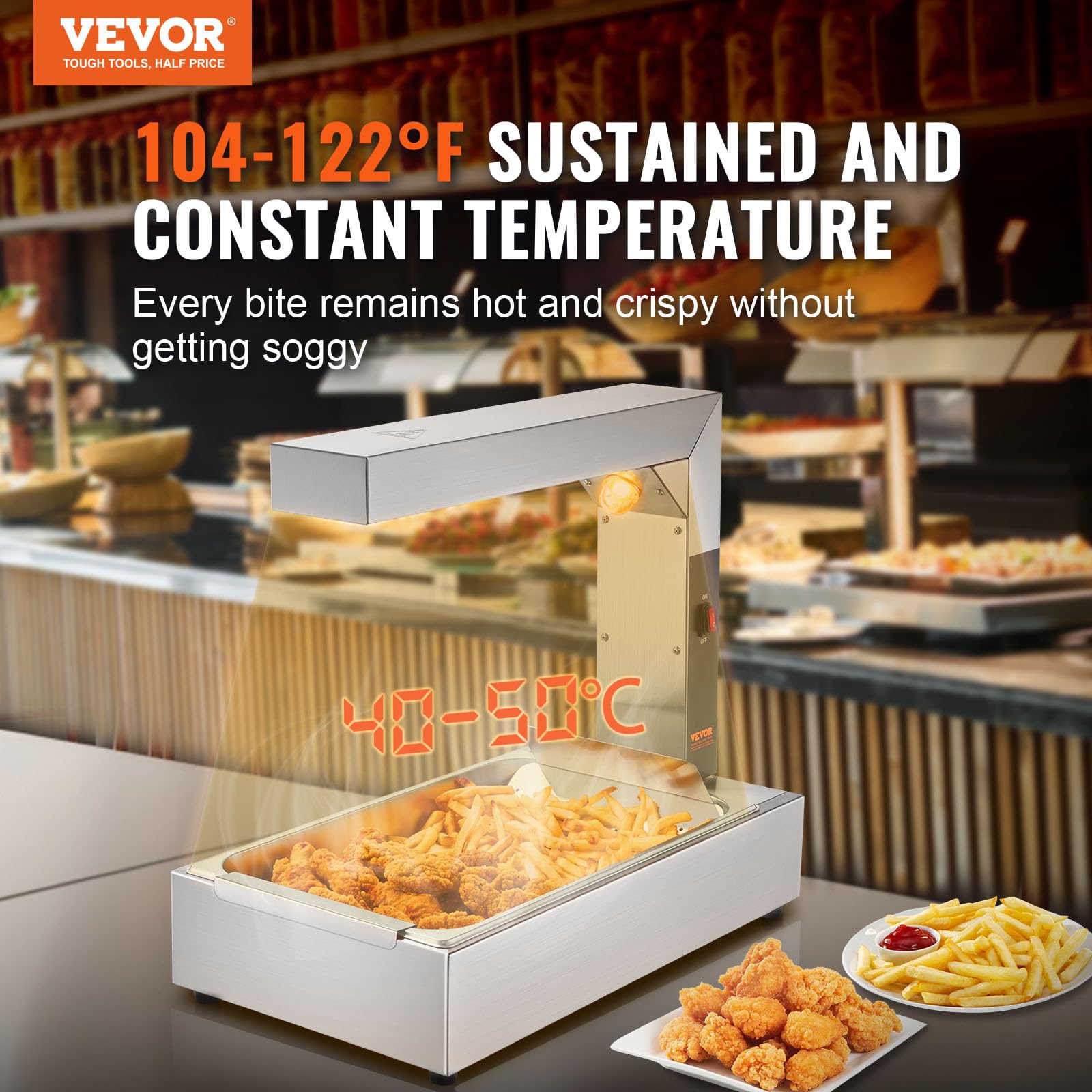 VEVOR Commercial Stainless Steel Food Warmer with Heating Lamp - 104-122°F Electric French Fry Warmer for Restaurants, Buffets & Kitchens | Perfect for Keeping Fries, Chips & Snacks Warm at Food Stations