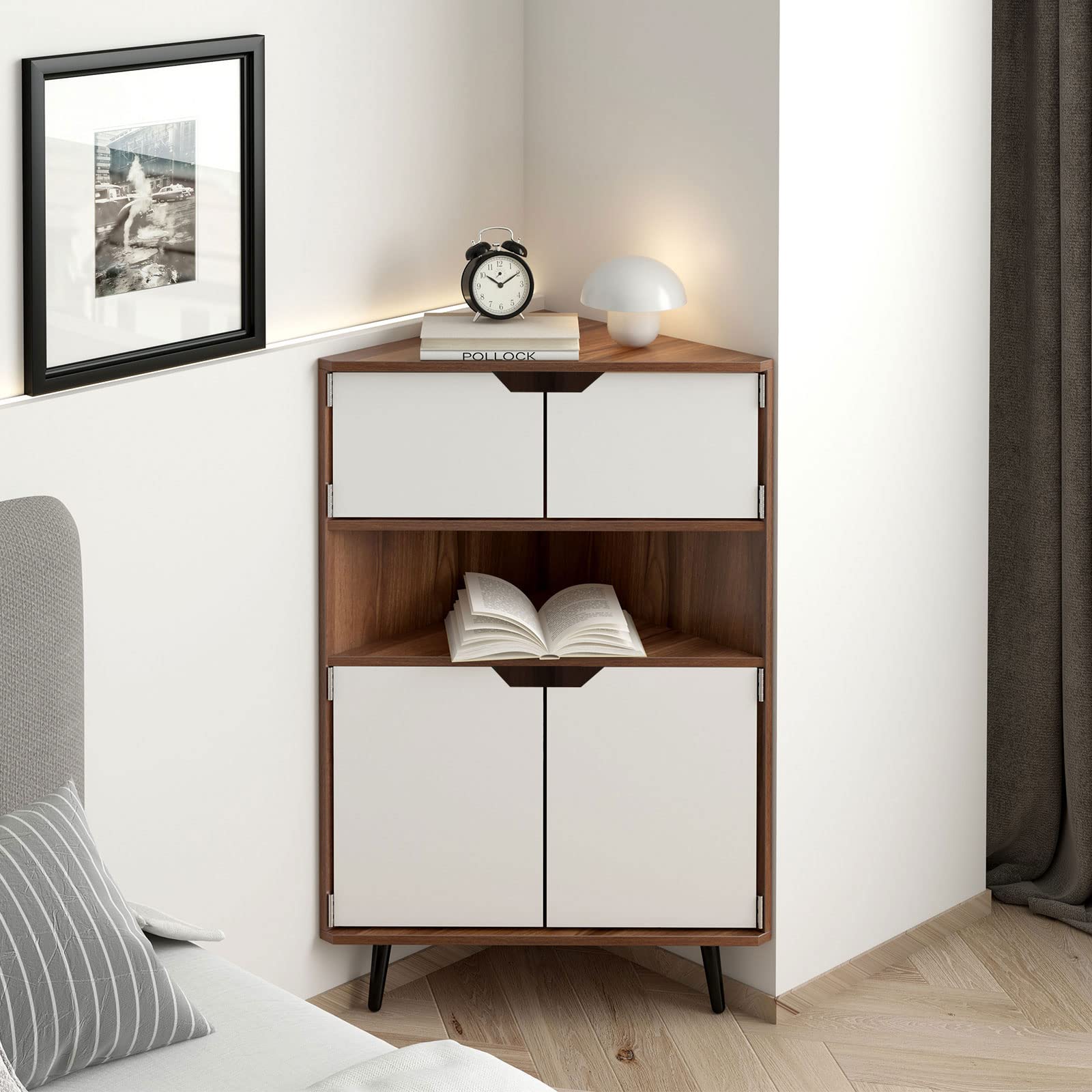 DlandHome 4-Tier Corner Storage Cabinet - Freestanding Organizer with Doors & Shelves for Kitchen, Living Room, Hallway - Teak Finish | Perfect for Small Space Organization & Home Decor