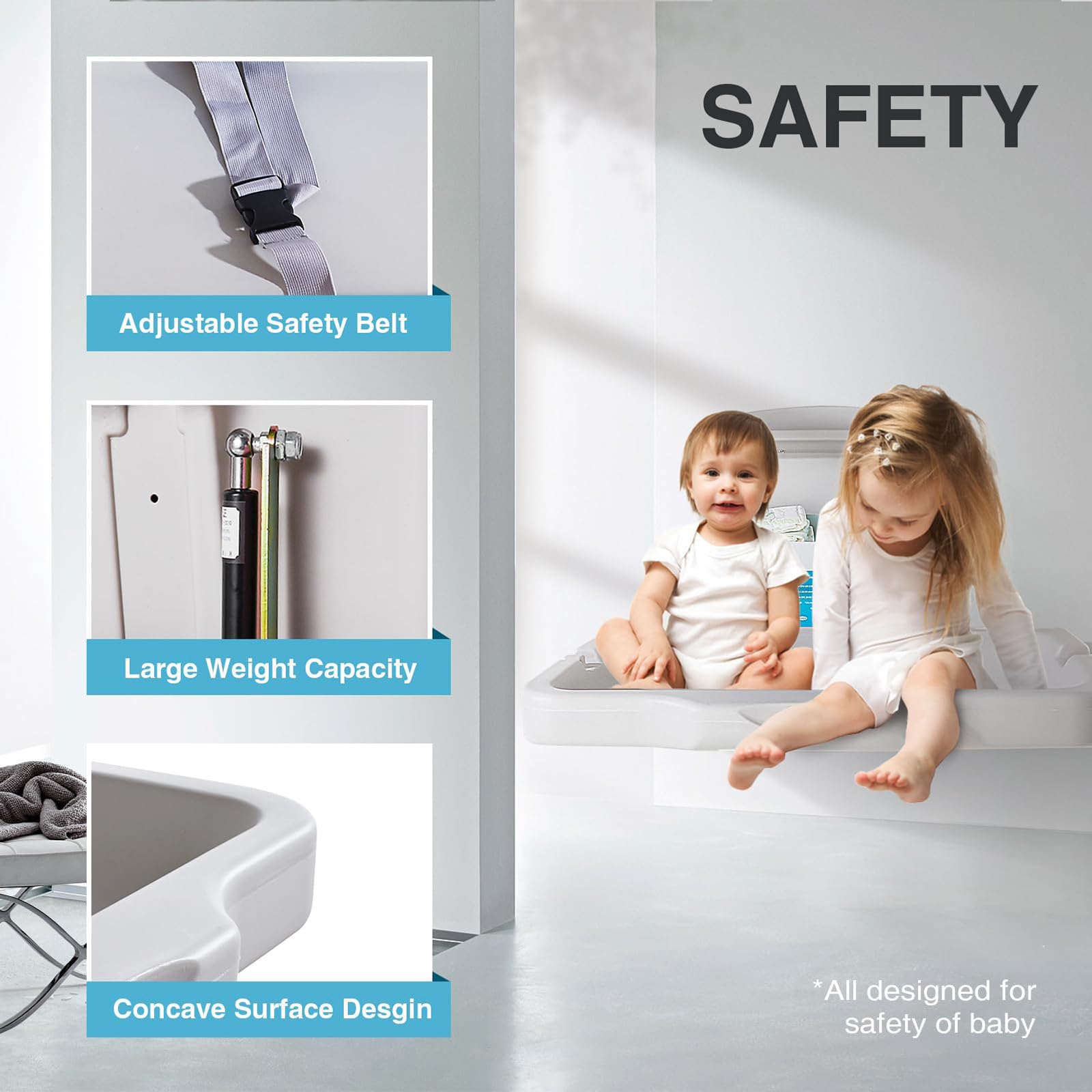 Wall Mounted Baby Changing Station - Foldable Diaper Changing Table for Commercial Restrooms | Durable HDPE Material with Safety Strap (White/Gray) | Ideal for Daycares, Shopping Malls & Public Restrooms