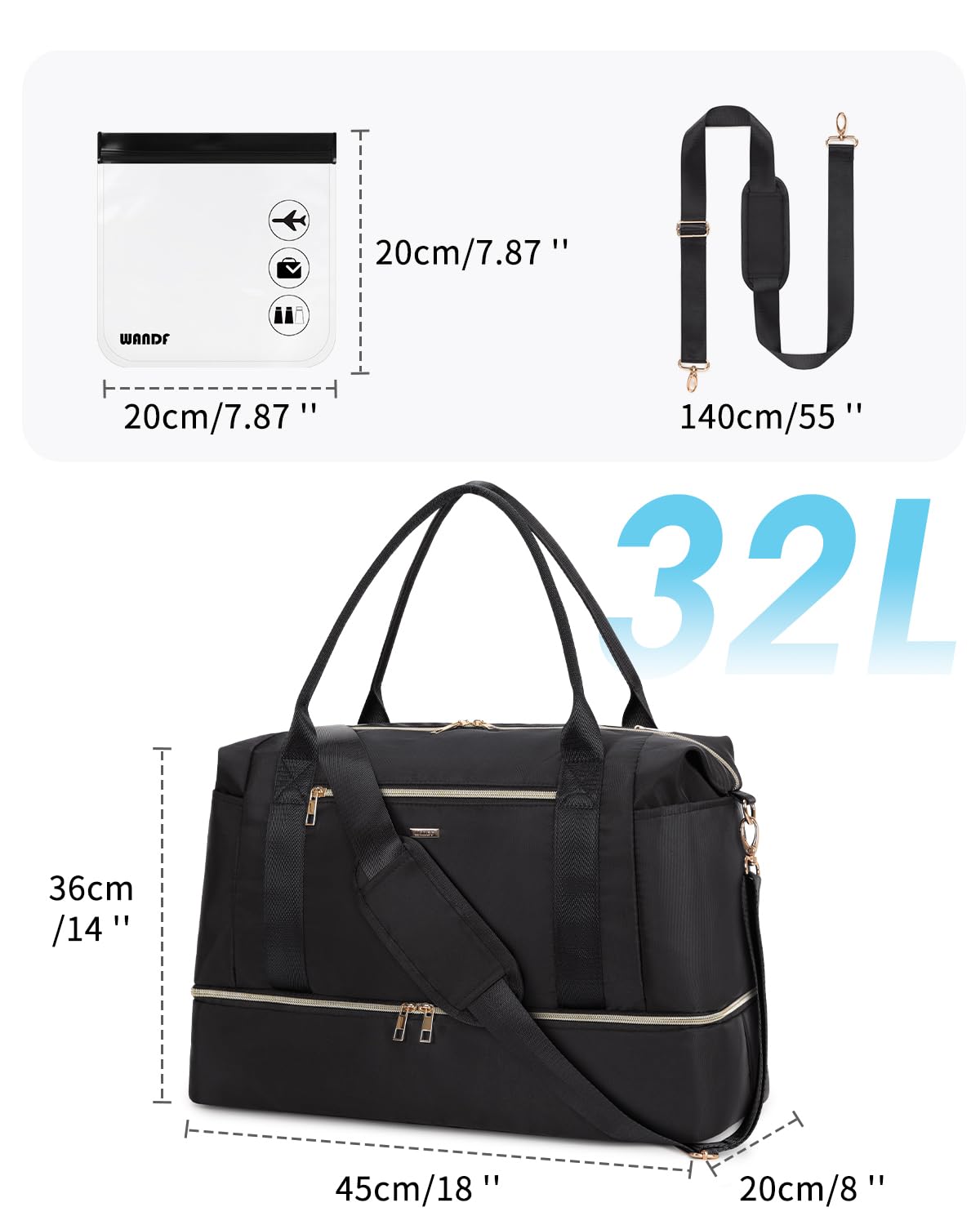 WANDF 18x14x8 Underseat Carry-On Bag for Spirit Airlines - TSA Approved Personal Item with Wet Pocket, Shoe Compartment & Toiletry Bag | Perfect for Air Travel, Weekend Getaways & Business Trips