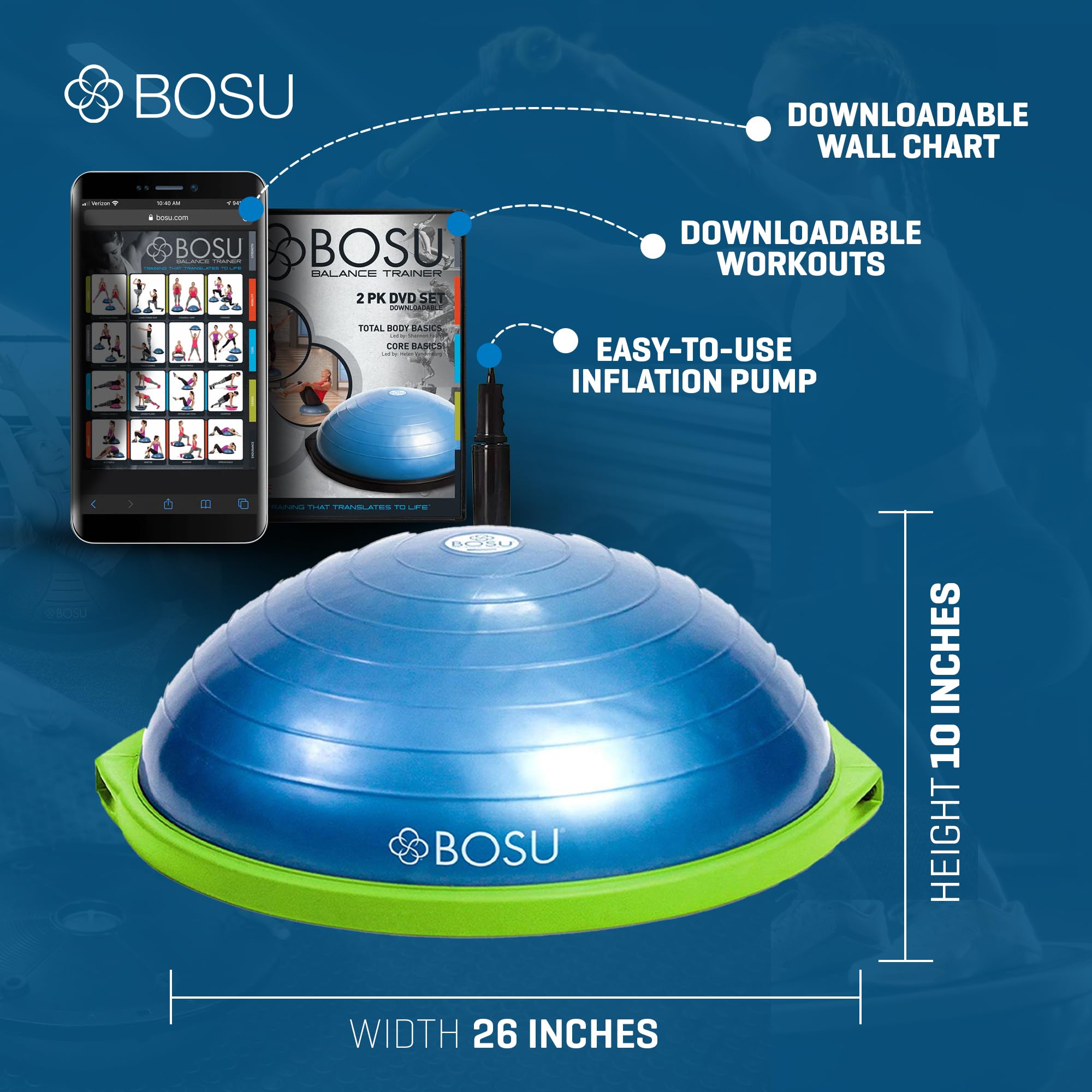 Bosu Home Gym Equipment - The Original 26 Inch Balance Trainer for Core Workouts, Stability Training & Fitness - Perfect for Home Gym, Yoga, Pilates & Rehabilitation Exercises