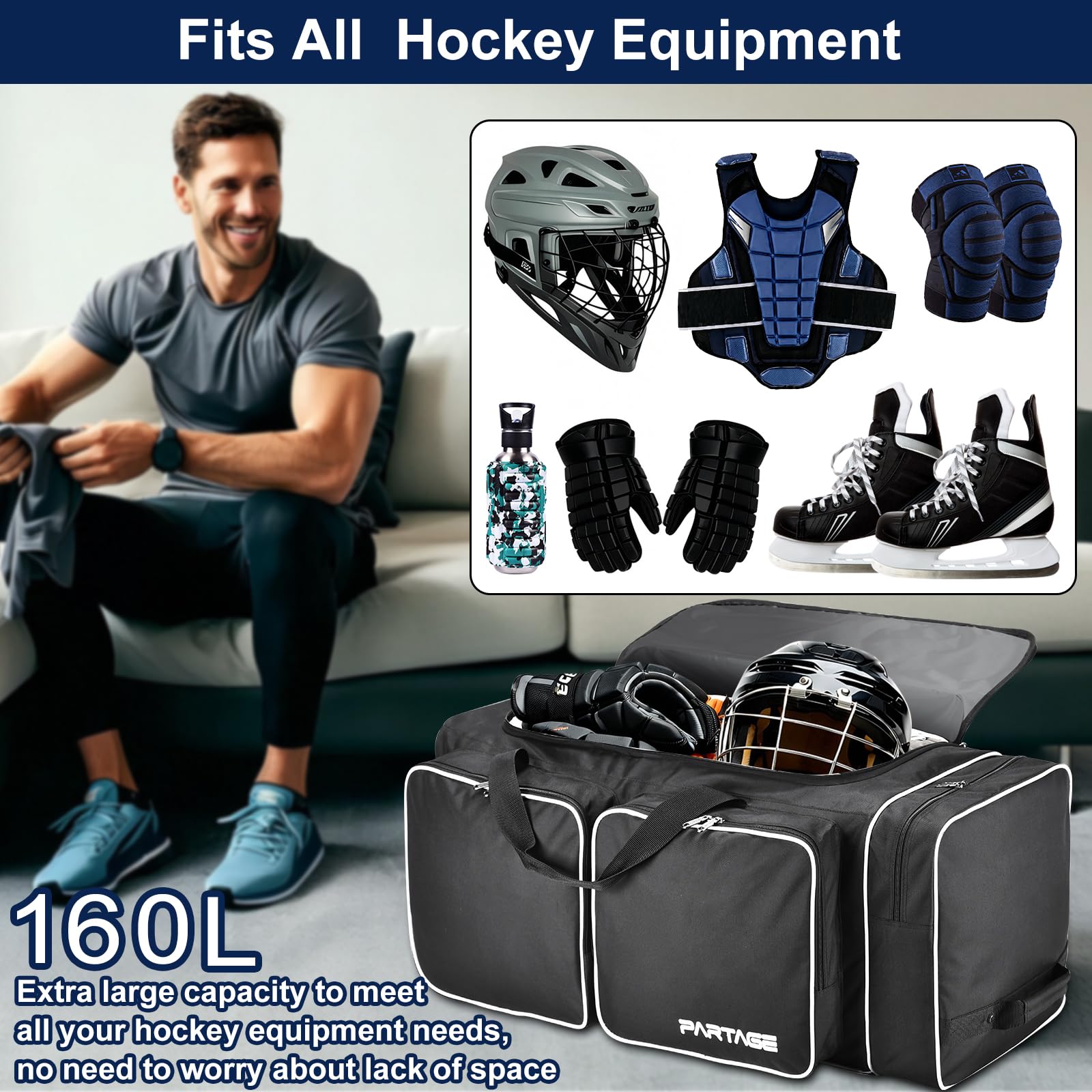 33 Inch Wheeled Hockey Duffle Bag with Separate Shoe Compartment - Large Travel Hockey Gear Bag for Players & Coaches - Perfect for Ice Rink, Tournaments & Gym (Black)